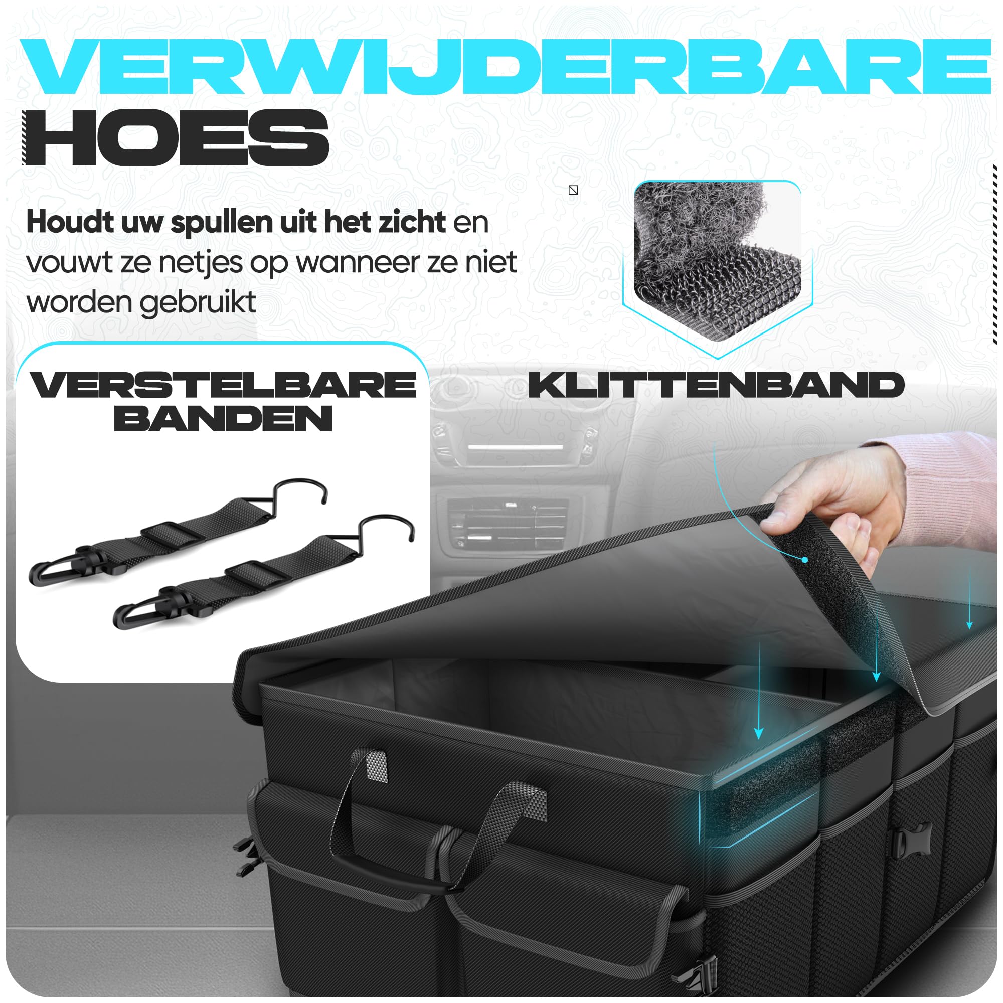 FORTEM Kofferraum Organizer, Kofferraumtasche, Zusammenklappbarer Auto Organizer Kofferraum mit Fächern, Rutschfester Boden, Verstellbare Sicherungsriemen, Klappbarer Deckel (Schwarz)