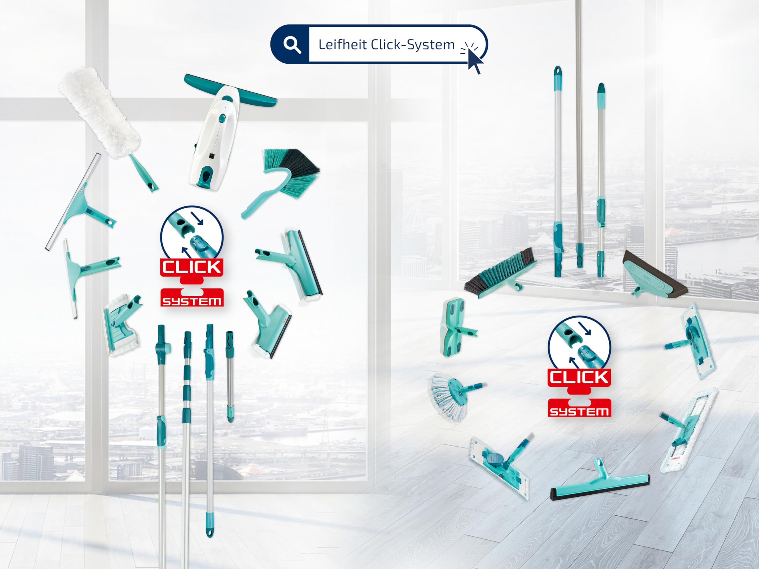 Leifheit Fenstersauger Set Dry & Clean mit Stiel und Einwascher für 360° streifenfreie Reinigung, Fensterreiniger verwendbar bis zu 38 min, Fensterputzer mit Stand-by-Automatik und Click-System