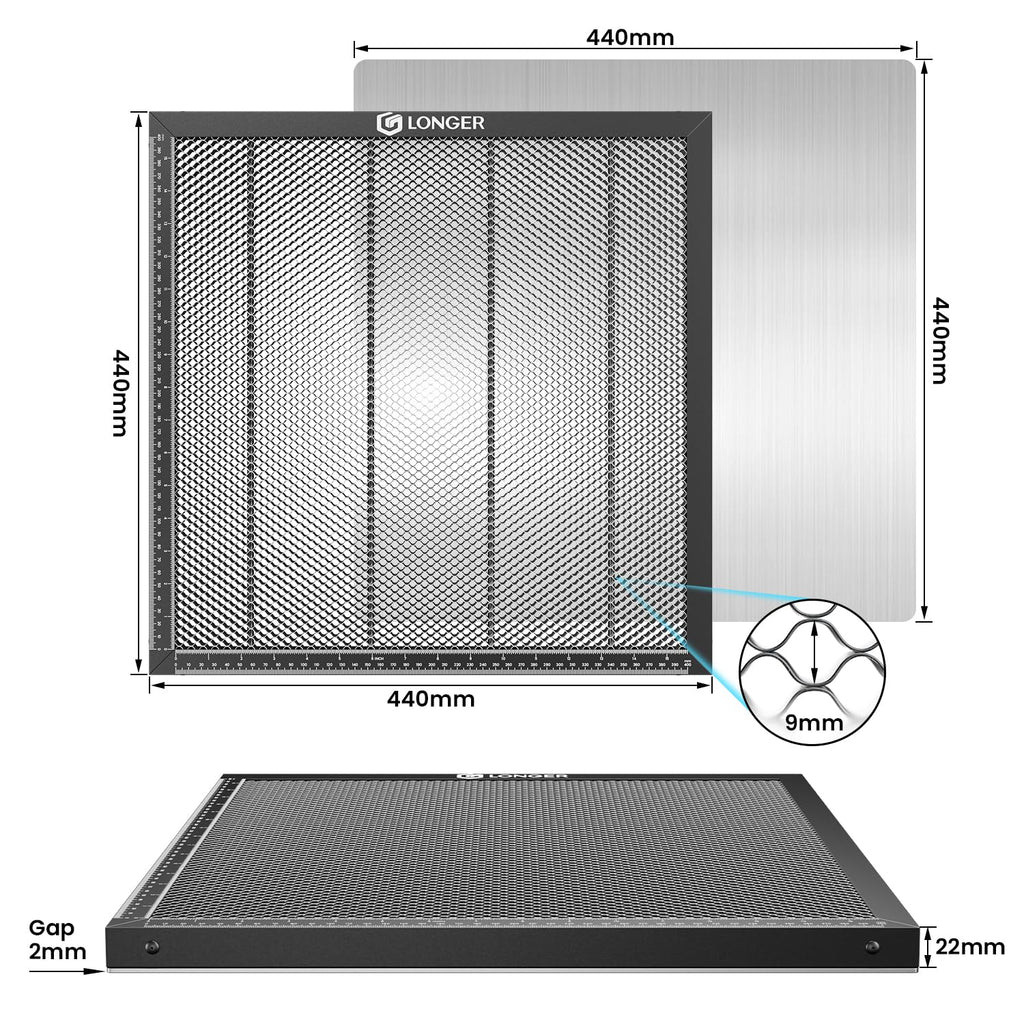 LONGER Wabenplatte 440x440mm für Lasergravierer - Professionelle Rauchabzugsplatte mit Aluminiumpanel, Kompatibel mit RAY5, Dioxygen, Fiber und CO2 Lasern, Rostfrei & Hitzebeständig
