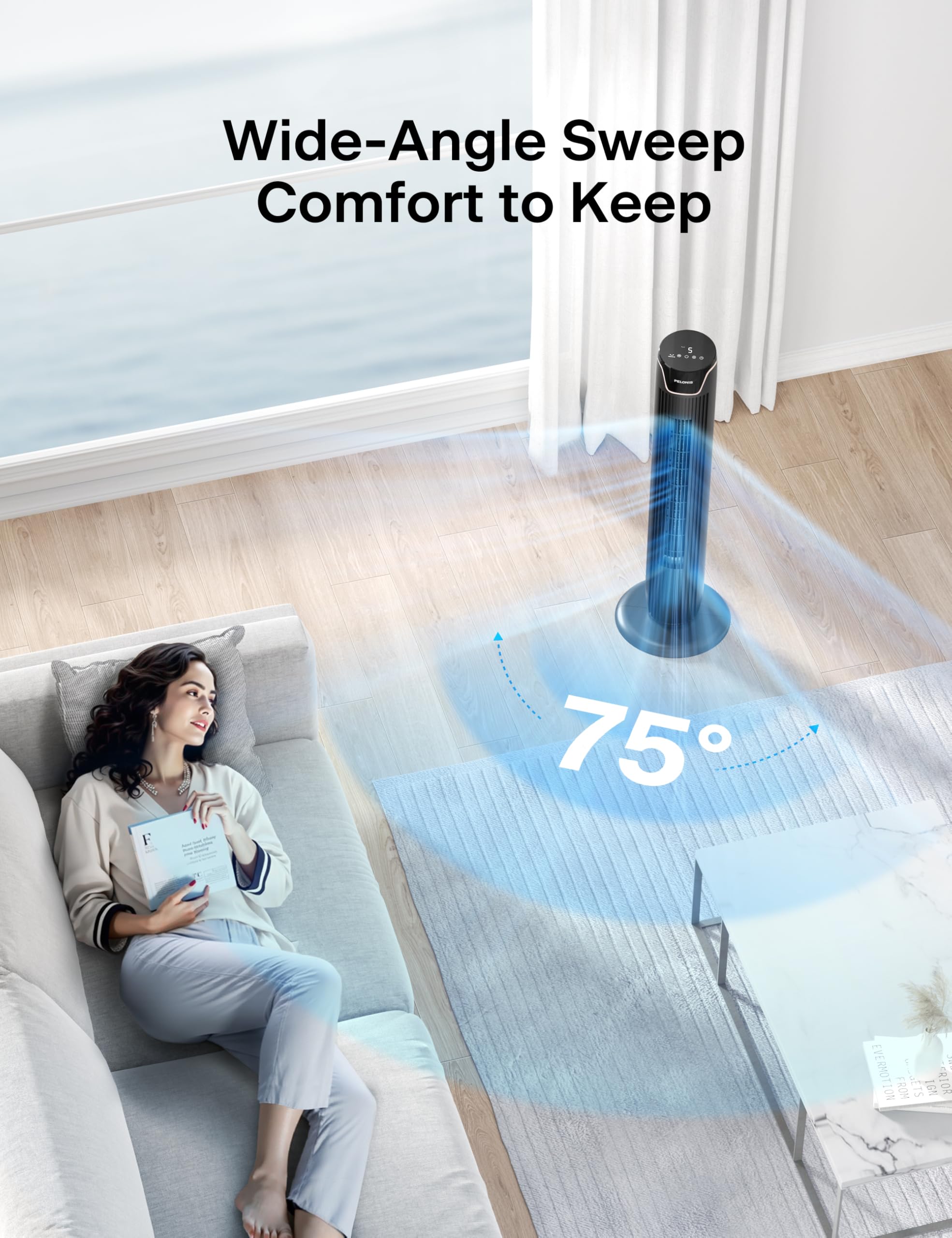 PELONIS Turmventilator mit Fernbedienung - 5 Geschwindigkeitsstufen & 4 Modi (AI/Nacht/Naturwind) 9H Timer, LED-Display mit Speicherfunktion - Energiesparender Ventilator für Büro Schlafzimmer