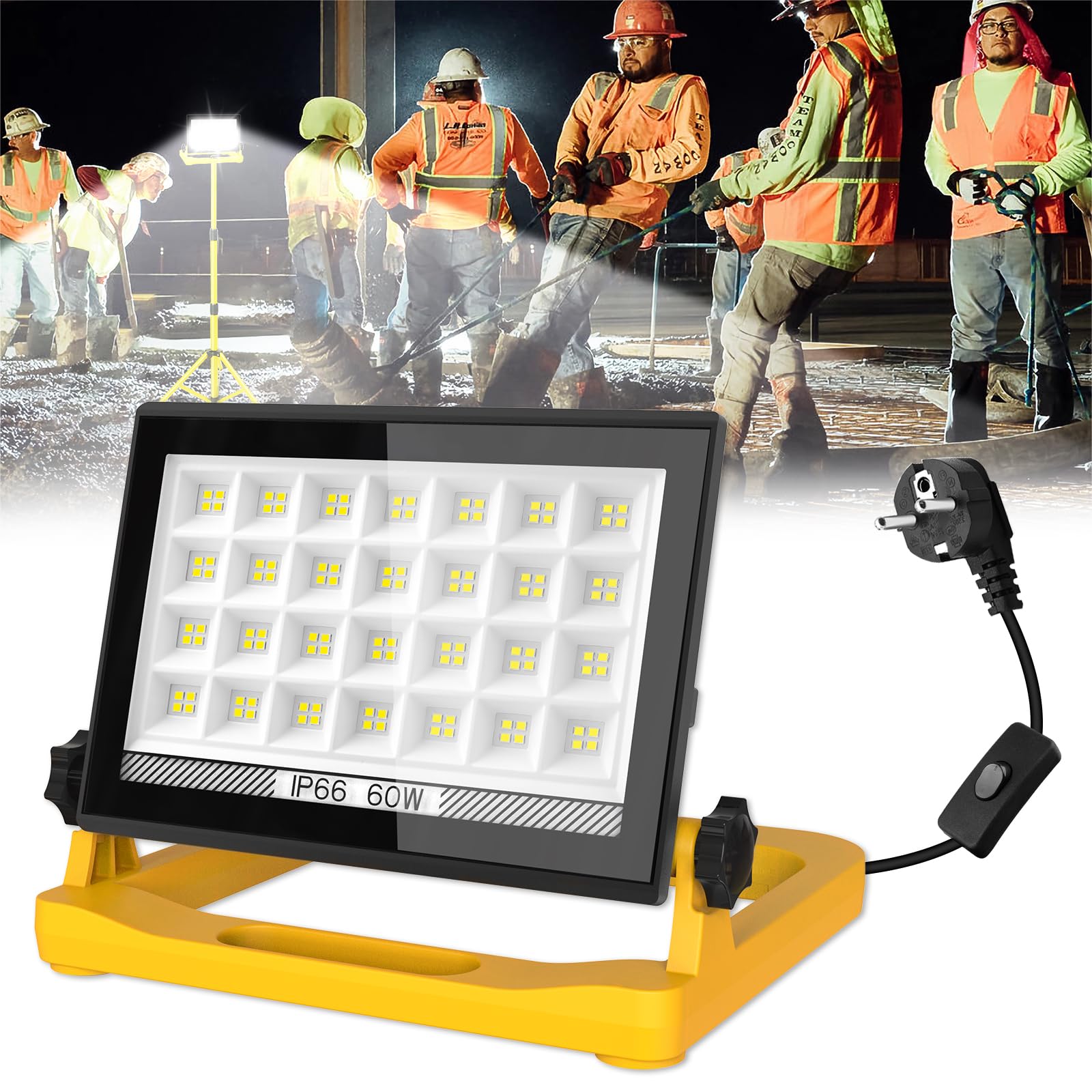 LED Baustrahler, T-SUN 60W 6000K Arbeitsleuchte mit 3 Modi, LED Arbeitsleuchte mit Stecker, IP66 Wasserdicht Baustrahler LED mit 4M Kabel, Tragbar Baustellenlampe für Werkstatt oder Baustelle,Garage