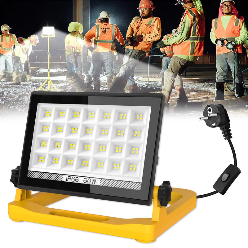LED Baustrahler, T-SUN 60W 6000K Arbeitsleuchte mit 3 Modi, LED Arbeitsleuchte mit Stecker, IP66 Wasserdicht Baustrahler LED mit 4M Kabel, Tragbar Baustellenlampe für Werkstatt oder Baustelle,Garage
