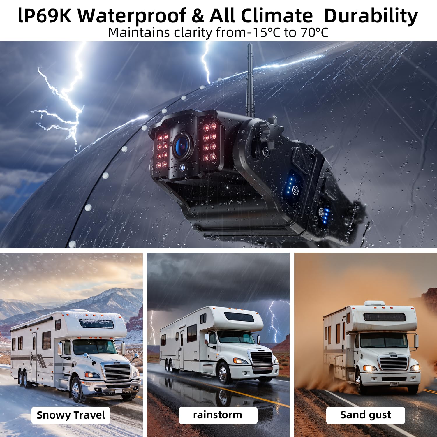 Magnetische Rückfahrkamera Kabellos, 7 Zoll 1080P FHD Monitor, 9600mAh Wiederaufladbare Akku, 1-Min Einrichtung, IP69K Wasserdicht Rückfahrkameras für Wohnmobile,Anhänger und LKWs