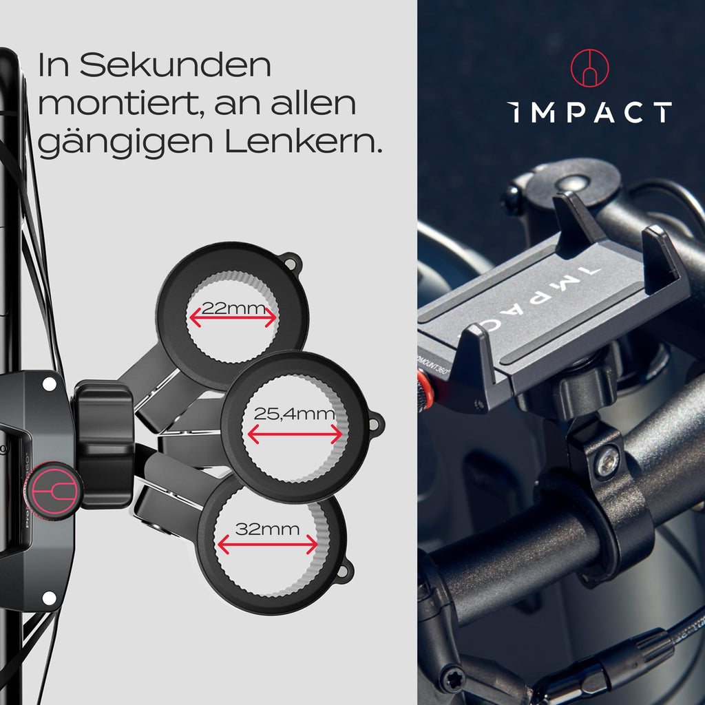 Impact® Pro Mount 360° - Handyhalterung Fahrrad [Smartphone KOMPATIBEL 4-7 Zoll] - Handyhalter Fahrrad - Handyhalterung für Fahrrad Lenker mit Kugelgelenk & Sicherheitsgummi - iPhone 14 15 Pro Max