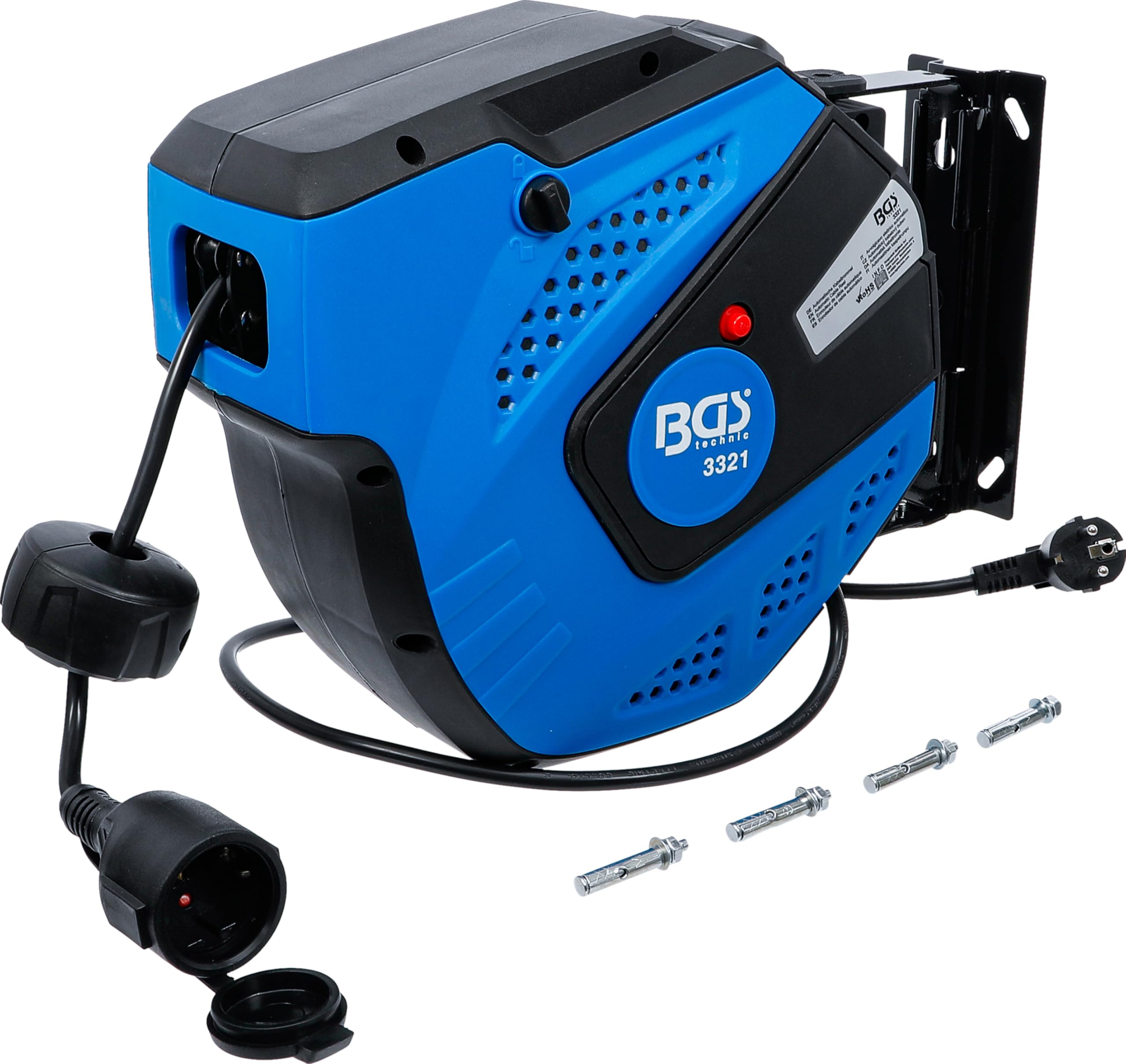 BGS 3321 | Automatische Kabeltrommel | 15 m + 1 m Zuleitung | 180° seitlich schwenkbar | inkl. Montagehalter