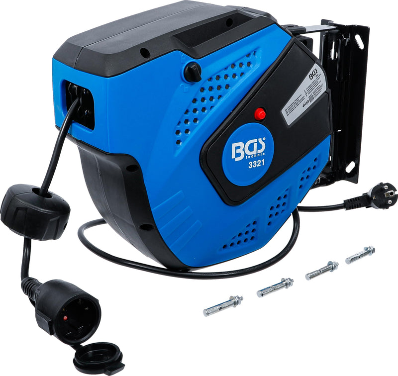 BGS 3321 | Automatische Kabeltrommel | 15 m + 1 m Zuleitung | 180° seitlich schwenkbar | inkl. Montagehalter