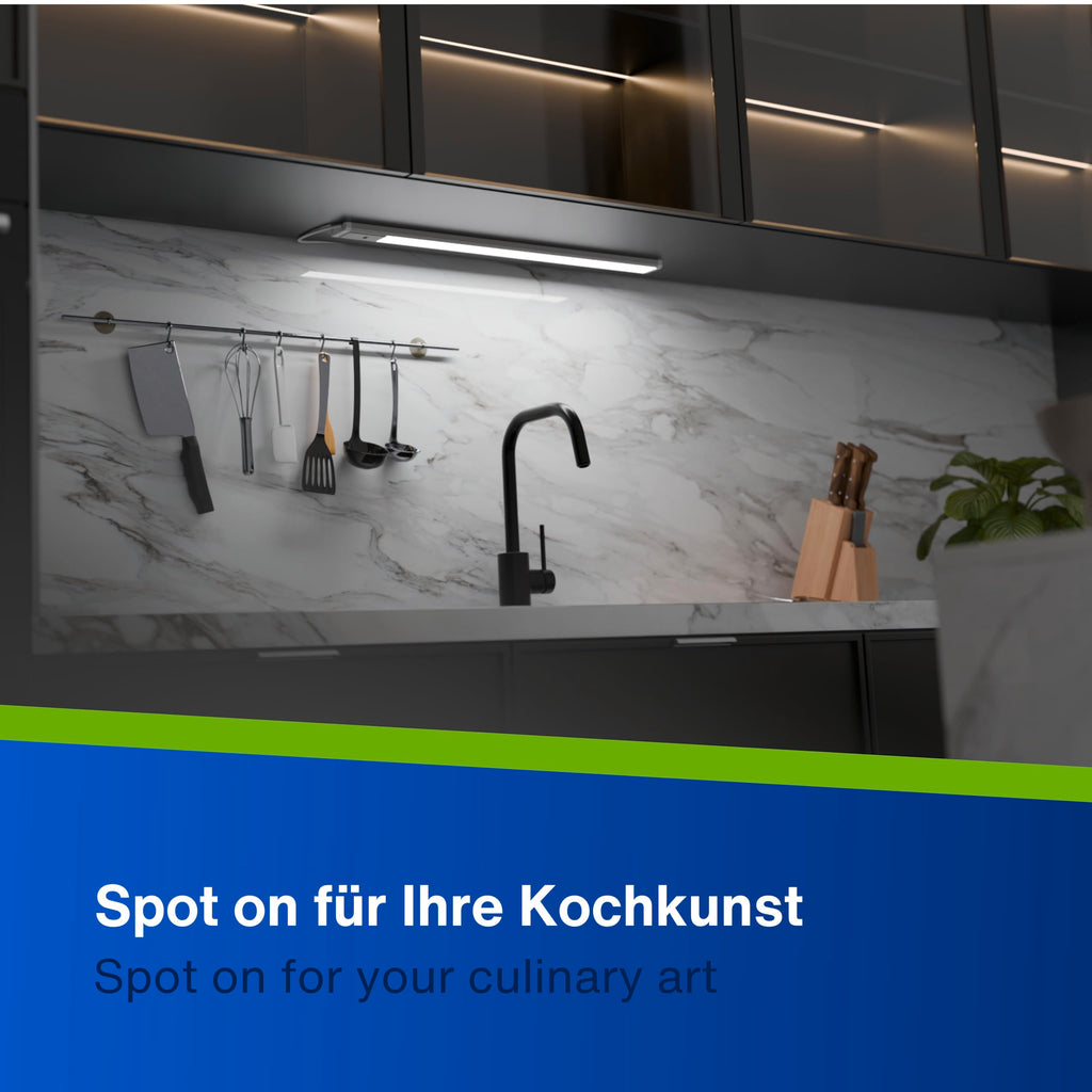 REV Unterbauleuchte Küche LED - Aluminium Schrankbeleuchtung 90cm, 10W, 850 Lumen, 3000K, Küchenbeleuchtung flach mit Sensor, einfache Montage, silber