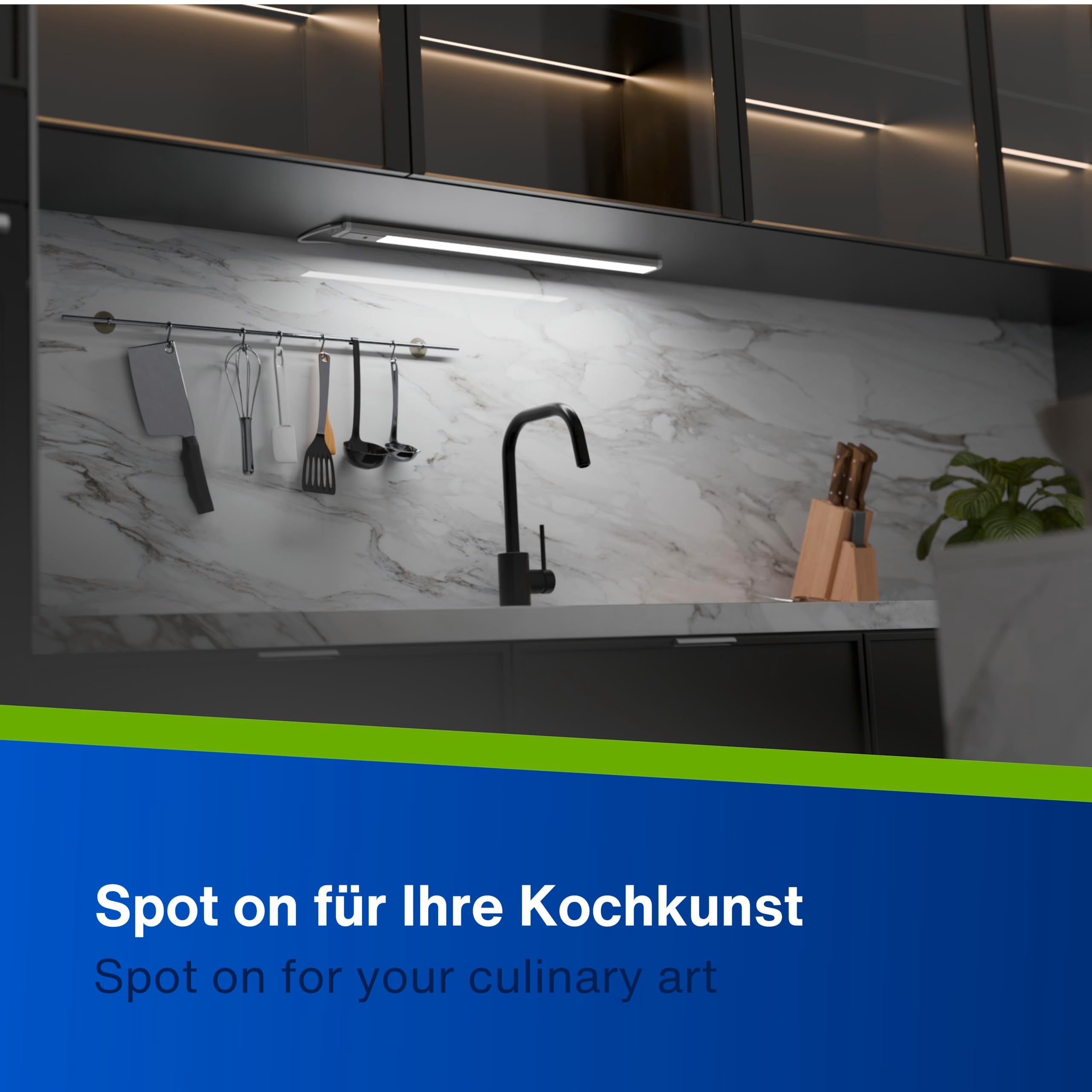 REV Unterbauleuchte Küche LED - Aluminium Schrankbeleuchtung 90cm, 10W, 850 Lumen, 3000K, Küchenbeleuchtung flach mit Sensor, einfache Montage, silber