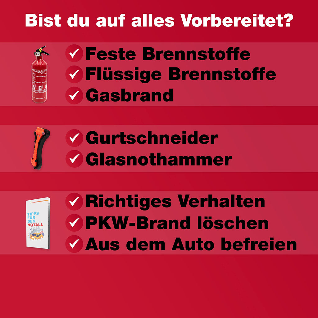 Feuerlöscher Auto 1kg + Nothammer Auto mit Gurtschneider [INKL. NOTFALLKARTE] - Strengste Qualitätssicherung - Notfallhammer, PKW Autofeuerlöscher, kfz, klein