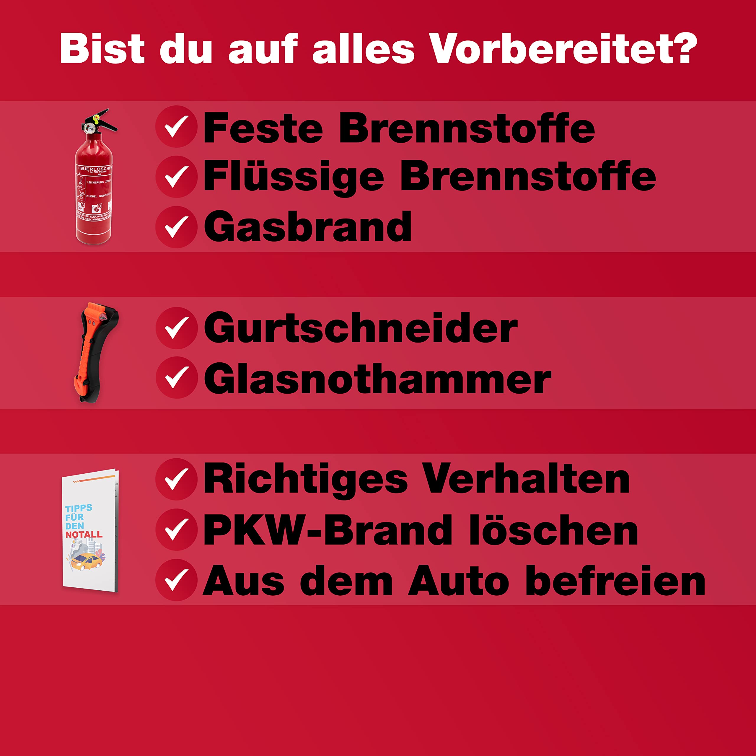 Feuerlöscher Auto 1kg + Nothammer Auto mit Gurtschneider [INKL. NOTFALLKARTE] - Strengste Qualitätssicherung - Notfallhammer, PKW Autofeuerlöscher, kfz, klein