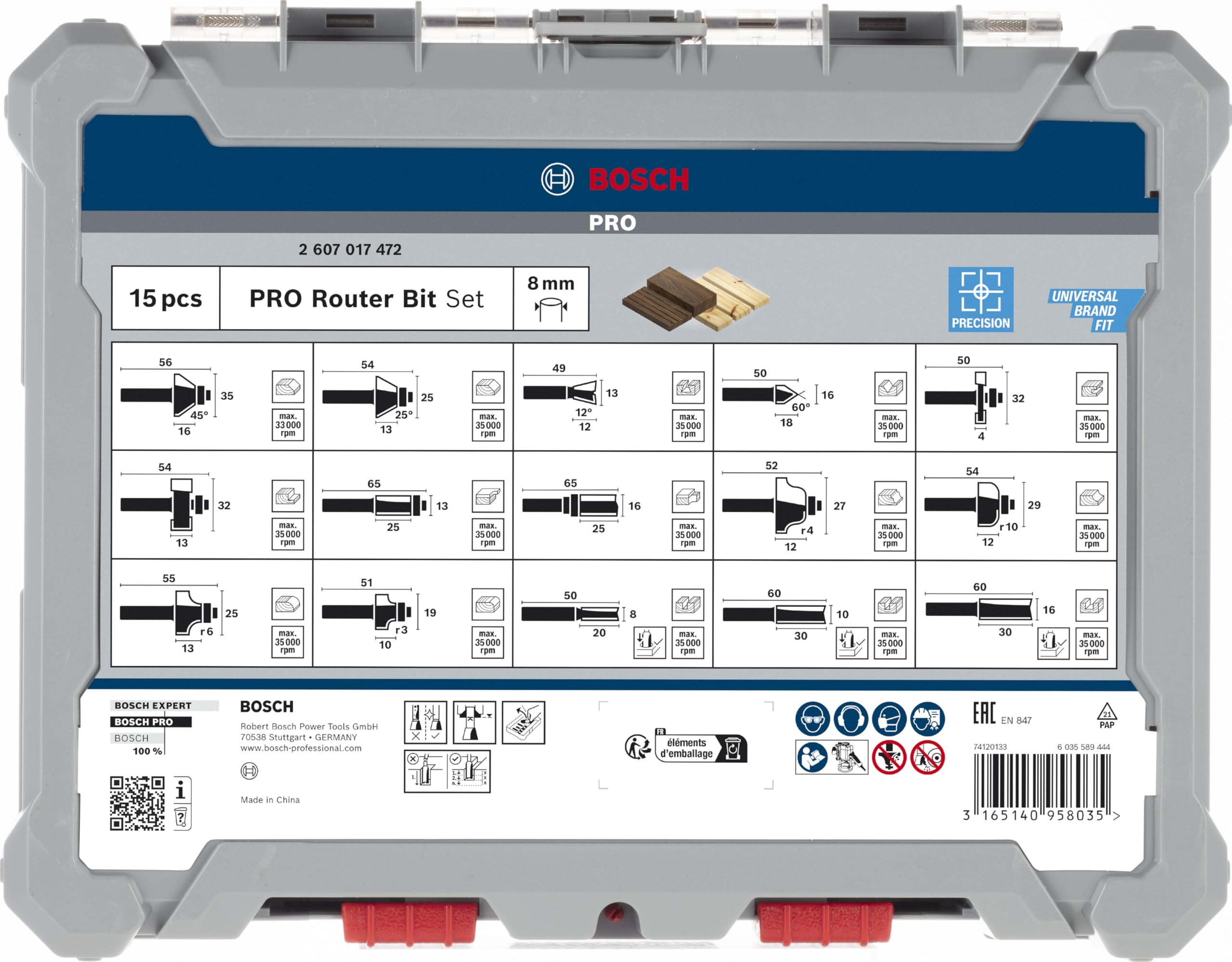 Bosch 15x PRO Fräser-Set gemischt (für Weichholz, Hartholz, Ø 13/16/13/35/25/16/32/32/27/29/19/25/8/10/16 mm, Professional Zubehör Handfräse, Kantenfräse)