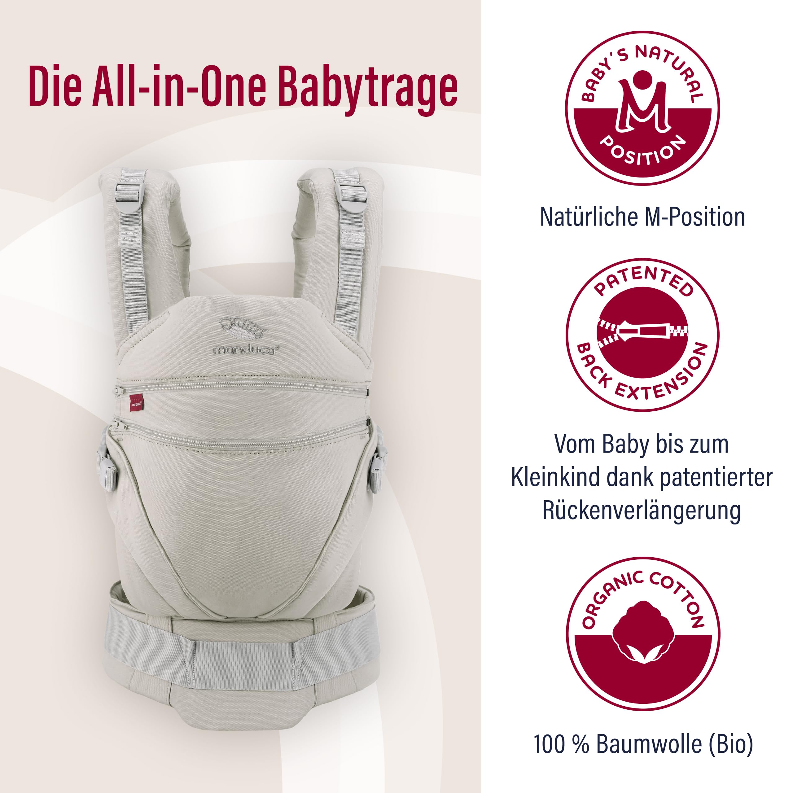 manduca XT Babytrage - Verstellbarer Sitz, der mitwächst - Vom Neugeborenen bis zum Kleinkind - Babytrage aus Bio-Baumwolle mit 3 Tragemöglichkeiten ,Monochrome Cloud