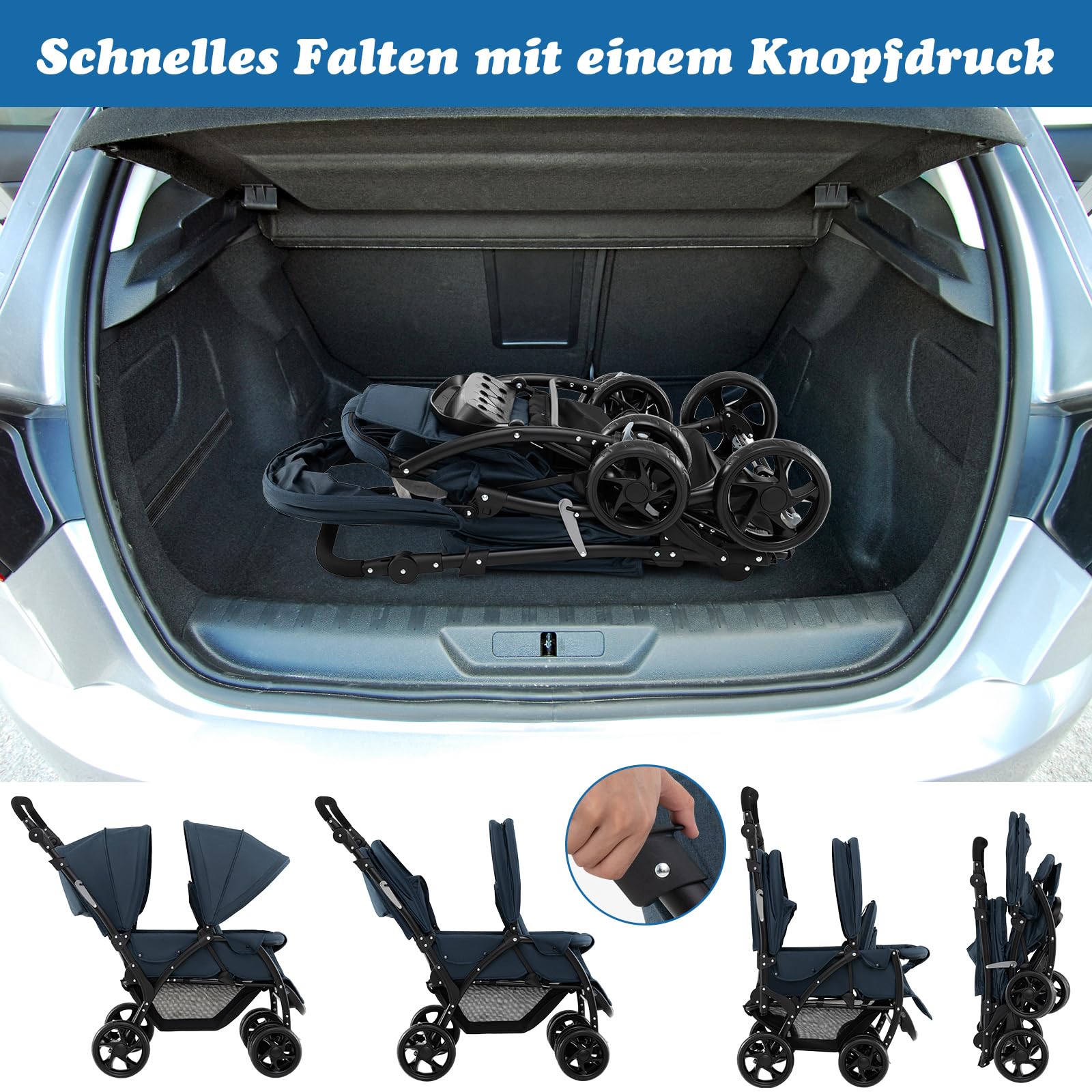 COSTWAY Geschwisterwagen klappbar, Zwillingswagen mit verstellbarer Rückenlehne & Verdeck, Reisebuggy mit Liegefunktion, Zwillingsbuggy Kinderwagen für Baby ab 6 Monate, 30 kg Belastbar (Blau)