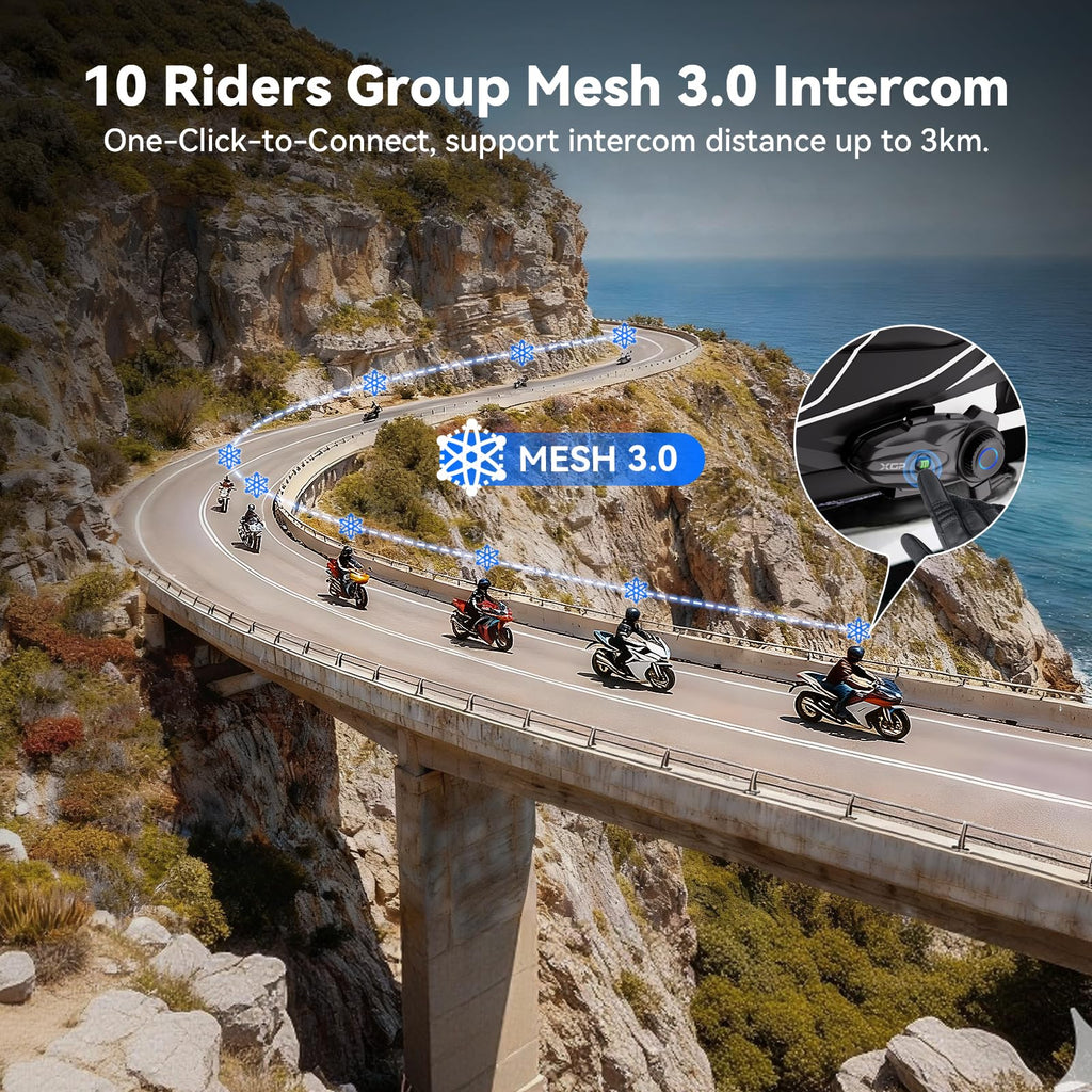 XGP X10 Motorrad Bluetooth Headset, 3000m Helm Kommunikationssystem für 1 bis zu 10 Personen, Intercom Motorrad mit Audio-Multitasking/Musik Sharing/ IP67 Wasserdicht, Unterstützung GPS/Navigation