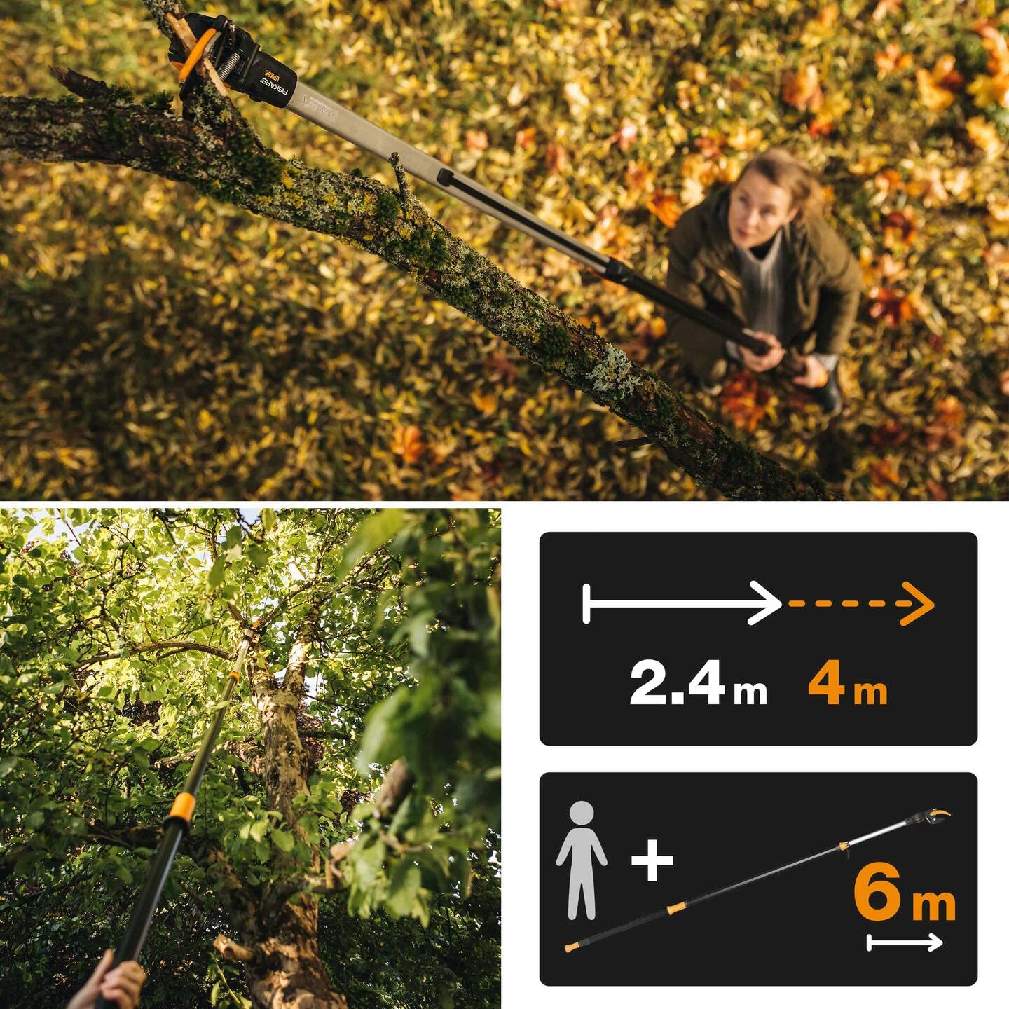 Fiskars Schneidgiraffen-Set, 2-teilig, Bypass Teleskop-Schneidgiraffe UPX86 (Länge 2,4 – 4 m) und Baumsäge für Bypass Teleskop-Schneidgiraffe UPX86 und UPX82 (Länge: 46 cm), 1077330