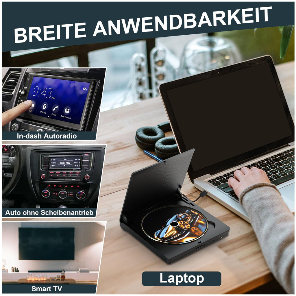CD Player für Auto mit USB-Anschluss - Homlab Universal CD Laufwerk für Auto PKW LKW mit 1M USB-Verlängerungskabel, Externes CD Laufwerk für Laptop, PC, Fernseher, kompatibel mit Android Autoradio