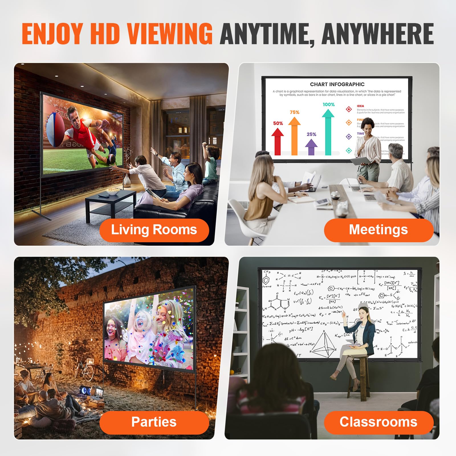 VEVOR Projektion Beamer Leinwand mit Ständer 120 Zoll HD 4K Outdoor Indoor Projektor Screen Schnelles Klappbare Tragbare Filmleinwand 16: 9 für Heimkino, Camping, Freizeitveranstaltungen usw. Schwarz