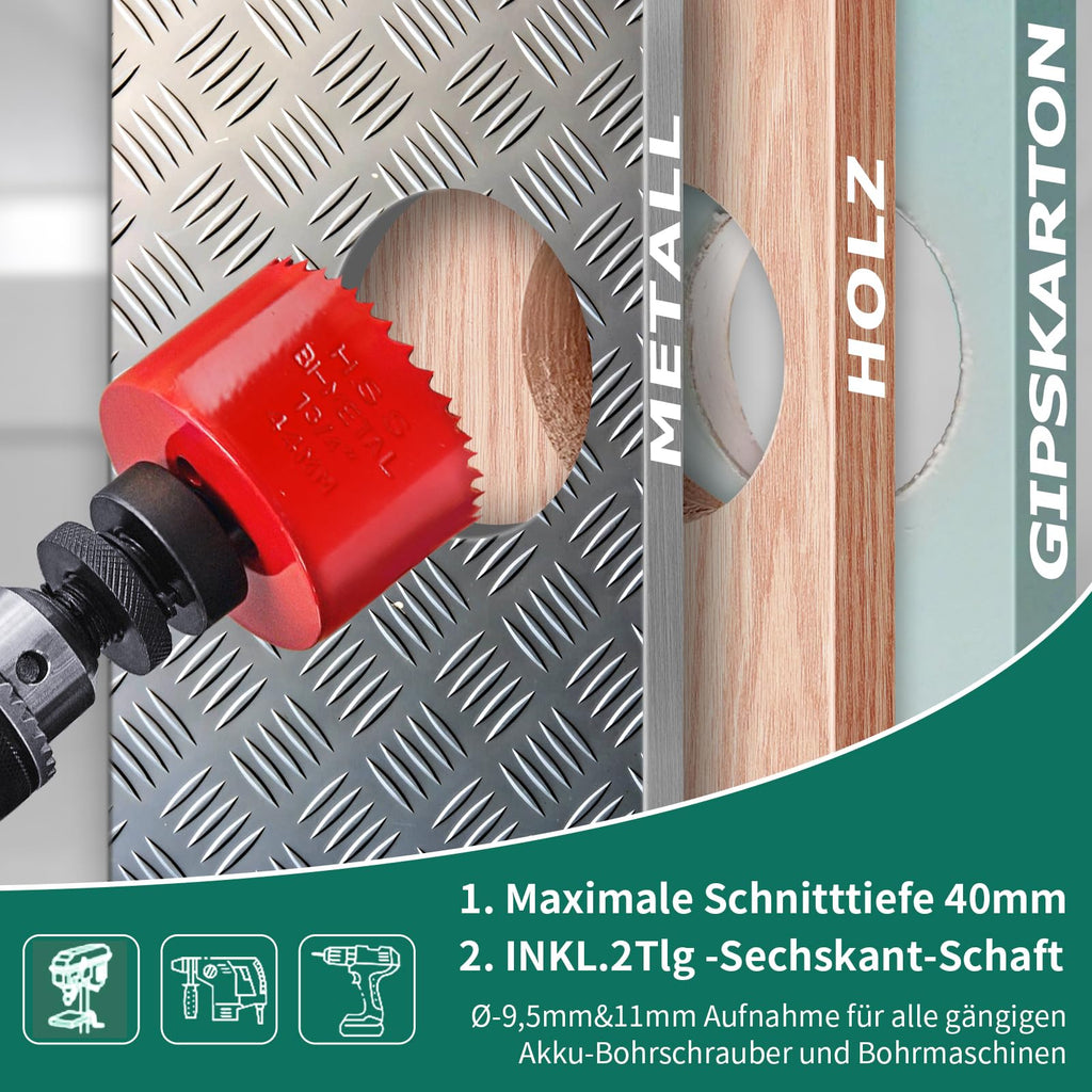 HYCHIKA Bimetall Lochsäge Set, 17tlg Lochbohrer Ø20mm-68mm, Maximale Schnitttiefe 40mm, Ideal zum Bohren von Weichmetall, Holz, PVC Platte und Kunststoffplatte