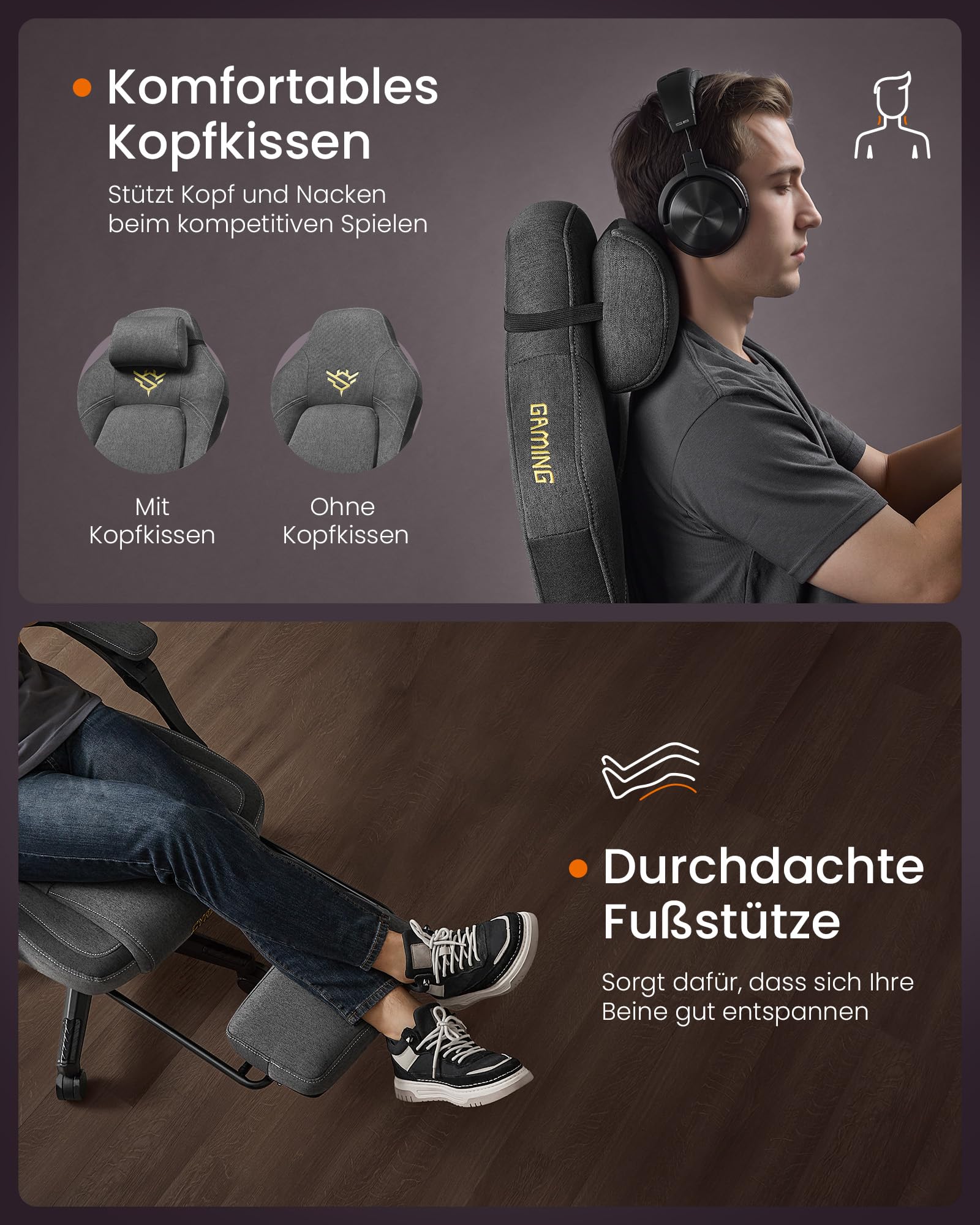 SONGMICS HOME Gaming-Stuhl, ergonomischer Computerstuhl mit Fußstütze, Bürostuhl, Drehstuhl mit Kopfkissen, Baumwoll-Leinen-Mischgewebe, höhenverstellbar, Taubengrau OBG072G01