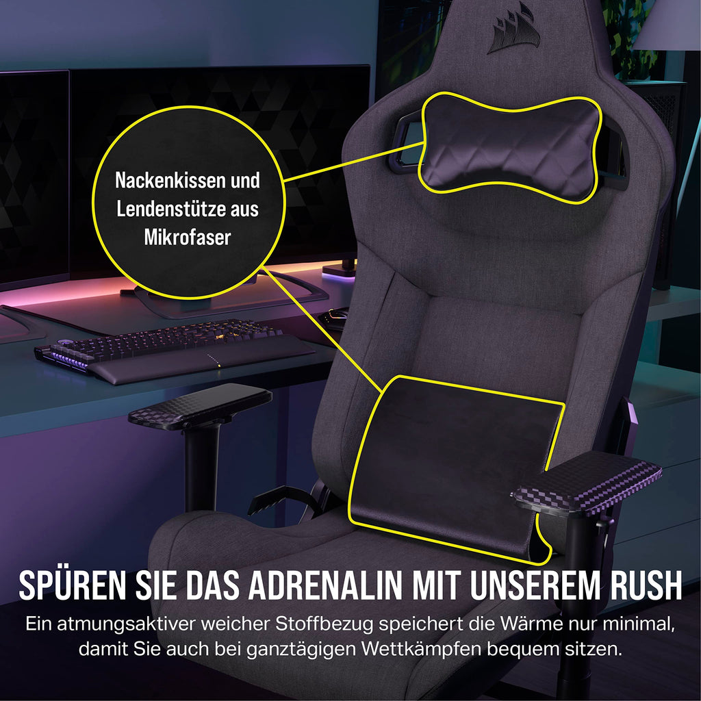 Corsair T3 RUSH Gaming-Stuhl mit Stoffbezug (2023) – Vom Rennsport inspiriertes Design – Bezug aus Weichem – Gepolstertes Nackenkissen – Lendenstütze aus Memory-Schaumstoff – Holzkohle