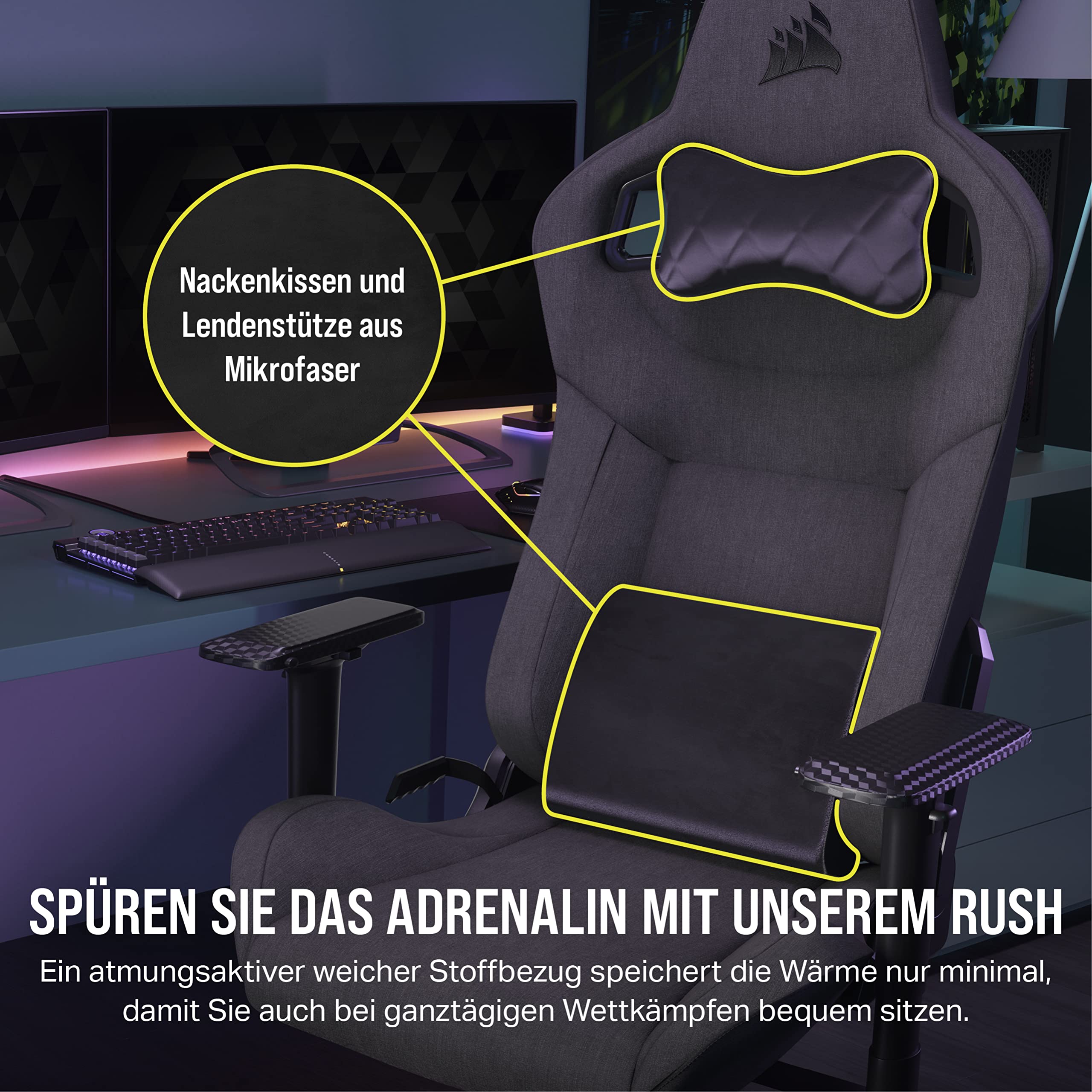 Corsair T3 RUSH Gaming-Stuhl mit Stoffbezug (2023) – Vom Rennsport inspiriertes Design – Bezug aus Weichem – Gepolstertes Nackenkissen – Lendenstütze aus Memory-Schaumstoff – Holzkohle