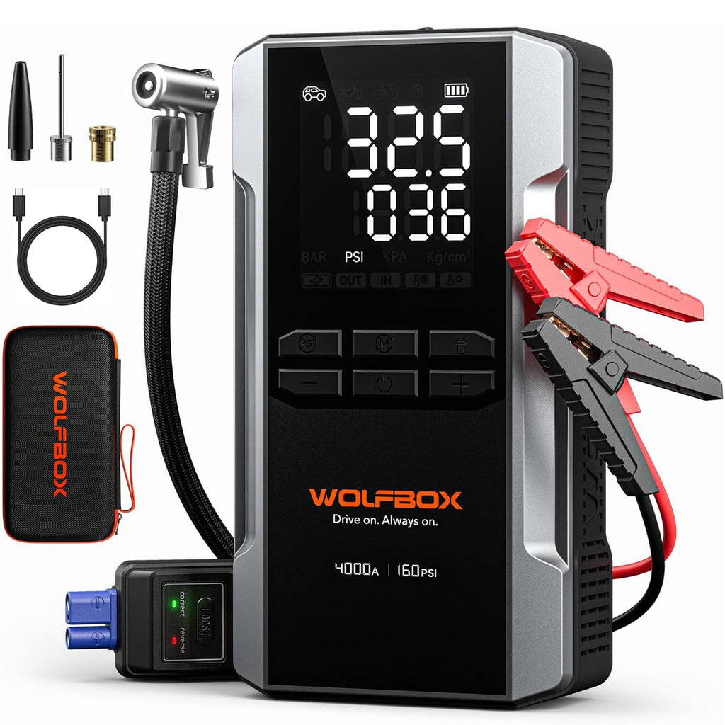 WOLFBOX 4000A Starthilfe mit 160PSI Kompressor, 12V Batterie-Booster, 65W Schnellladung, 88.8Wh Reifenfüller, LED-Anzeige für 10L Benzin-/Dieselmotoren, LED-Licht, Starthilfekabel