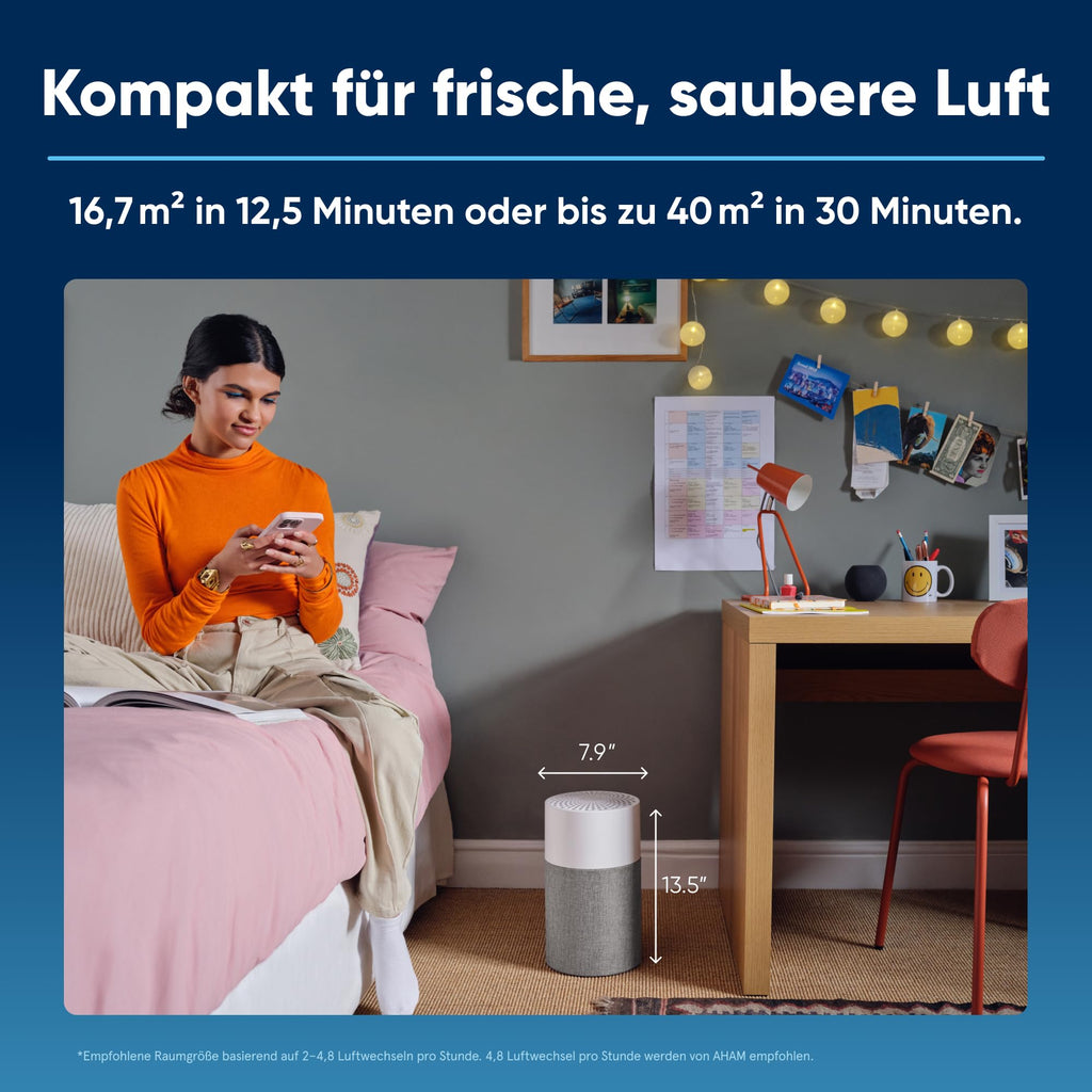 BLUEAIR Blue Pure 511 Luftreiniger für kleine Räume bis 38 m² – Leise, mit HEPASilent-Technologie – ideal für Zuhause, Schlafzimmer, Kinderzimmer – gegen Staub, Allergene, Rauch, Schimmel, Tierhaare