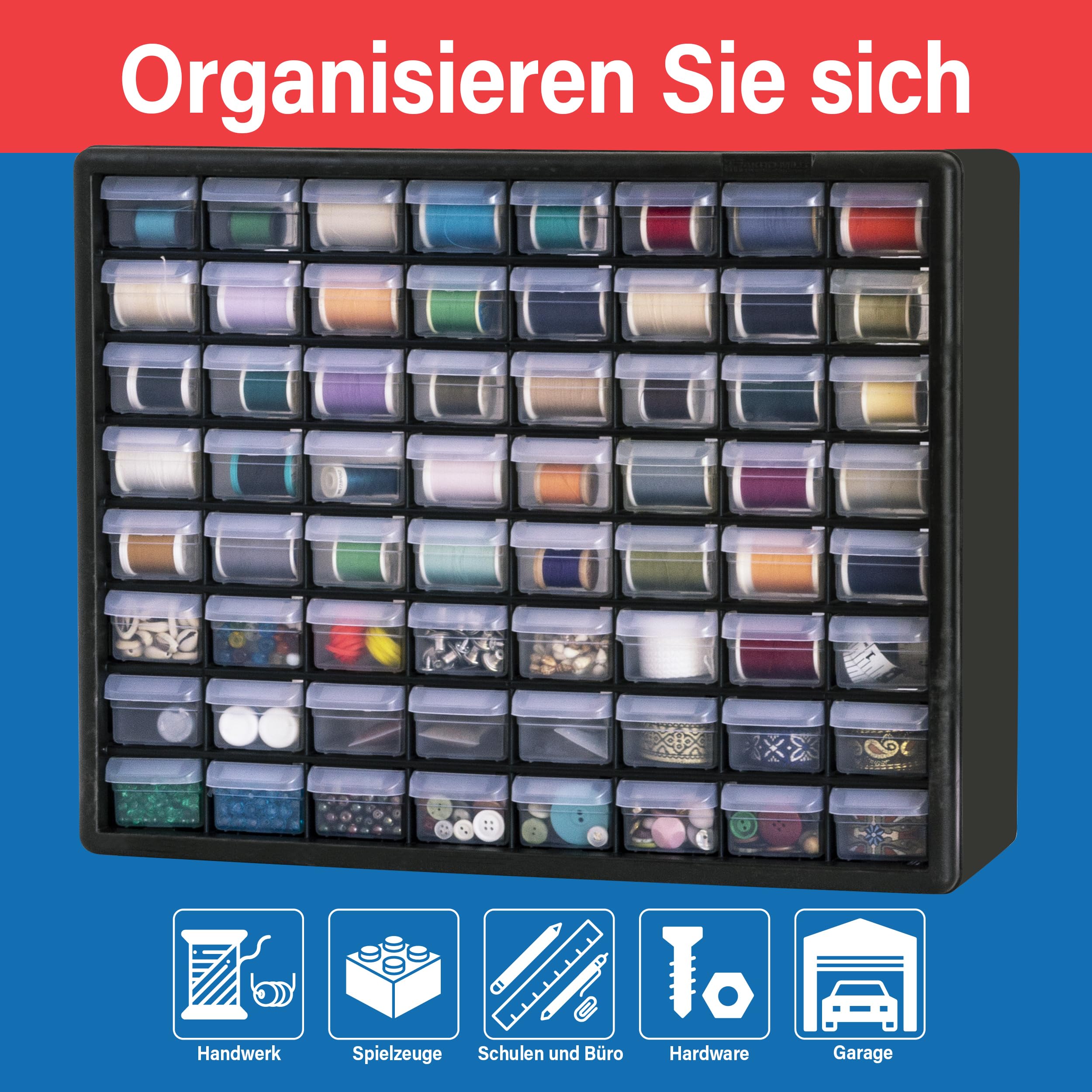 Akro-Mils 10164 Schubladenschrank mit 64 Schubladen, Kunststoff, für Garage, Perlen- und Make-up-Organizer, Lego-Aufbewahrung, Lehrer-Werkzeugkasten und mehr, 50,8 x 15,2 x 40,6 cm (B x T x H) Schwarz