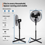 TRESKO AERSON Standventilator 40cm | Ventilator höhenverstellbar bis 120cm | hoher Luftdurchsatz und sehr leise | Windmaschine mit 3 Geschwindigkeitsstufen | Oszillationsfunktion ca. 80° (Schwarz)