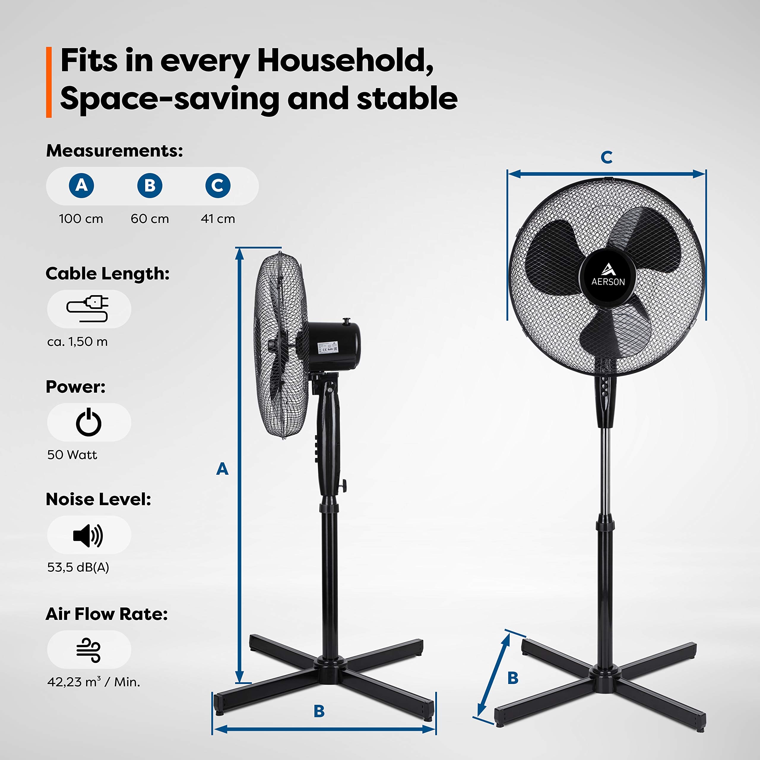 TRESKO AERSON Standventilator 40cm | Ventilator höhenverstellbar bis 120cm | hoher Luftdurchsatz und sehr leise | Windmaschine mit 3 Geschwindigkeitsstufen | Oszillationsfunktion ca. 80° (Schwarz)