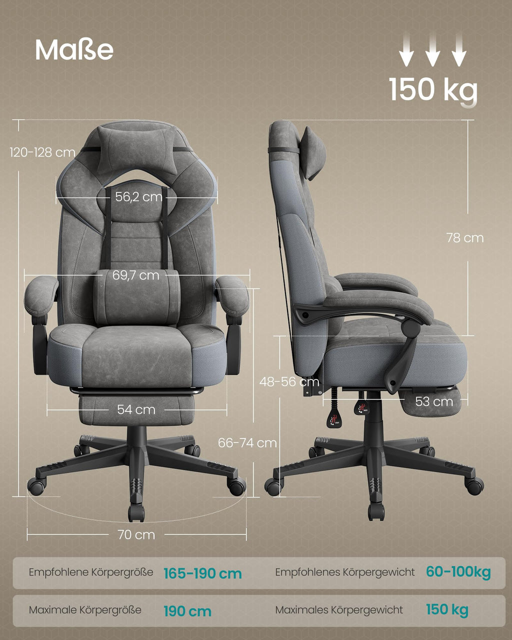 SONGMICS Gaming-Stuhl, Bürostuhl, Computerstuhl, ergonomisches Design, mit Fußstütze, verstellbares Kopfkissen, Lendenkissen, Tragkraft 150 kg, schiefergrau OBG077G01