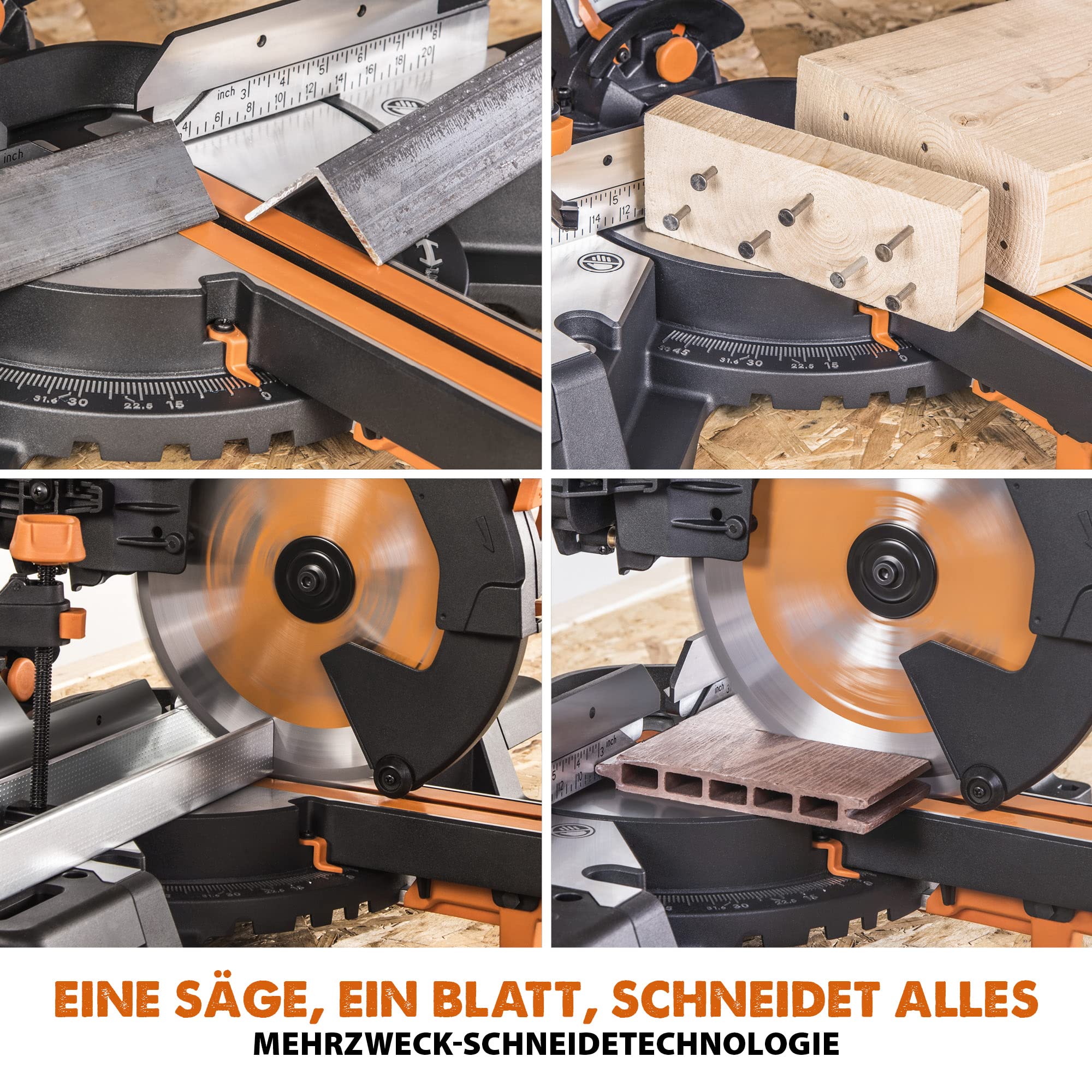 Evolution Doppelgehrungssäge Schiebe-Kapp- und Gehrungssäge R255SMS-DB+ | 2000 W, 300 mm Gleitfunktionalität, Schrägschnitt, Gehrungswinkeln | Ø 255 mm HM / TCT Sägeblatt für Multimaterialschnitt