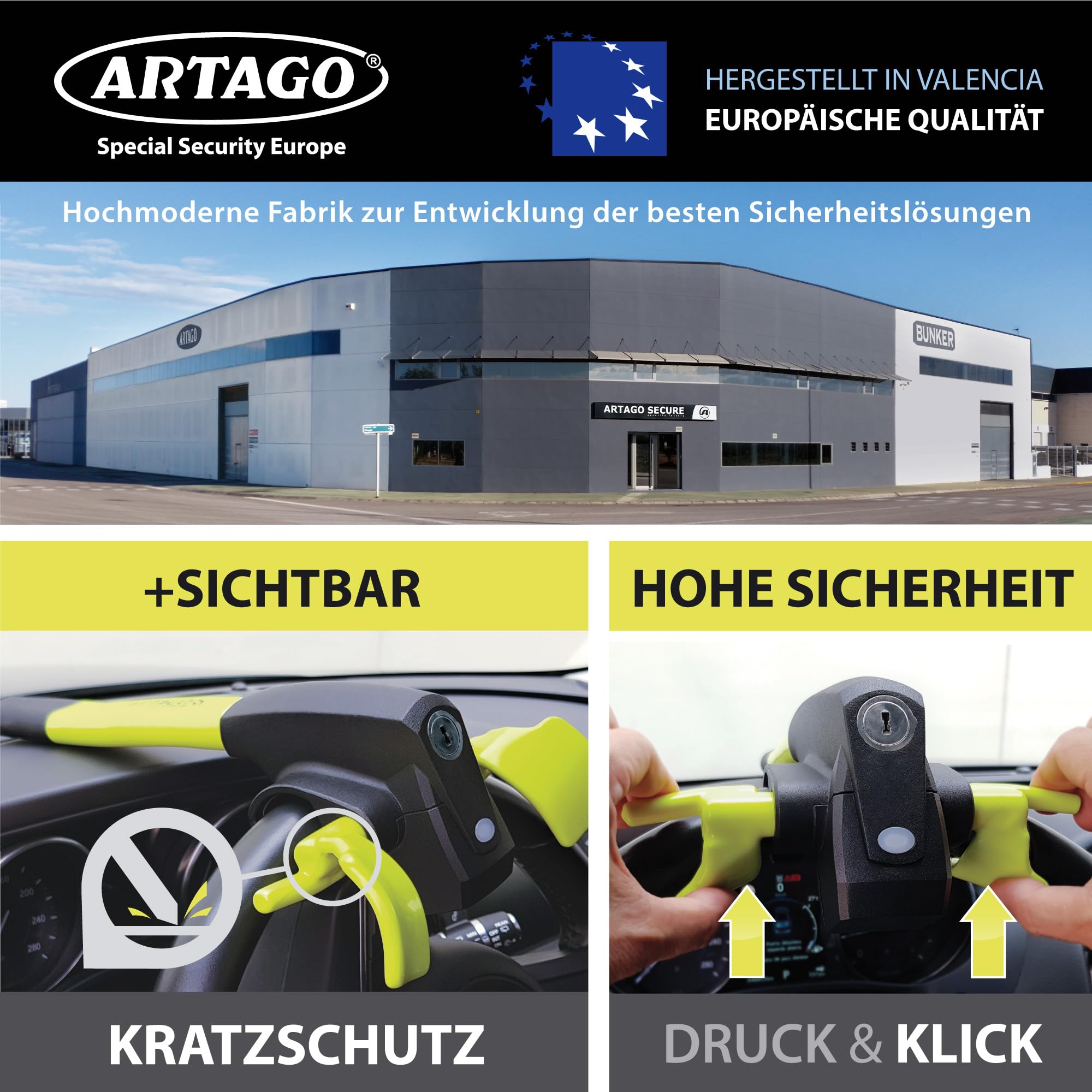 ARTAGO 870 Hochwertige Lenkradkralle 2in1 Ohne/Mit Alarm 120dB+LED, Sicherer und Abschreckender Lenkradsperre um die Lenkradspeiche, Fortschrittlichste Lenkradschloss zur Auto-Diebstahlsicherung