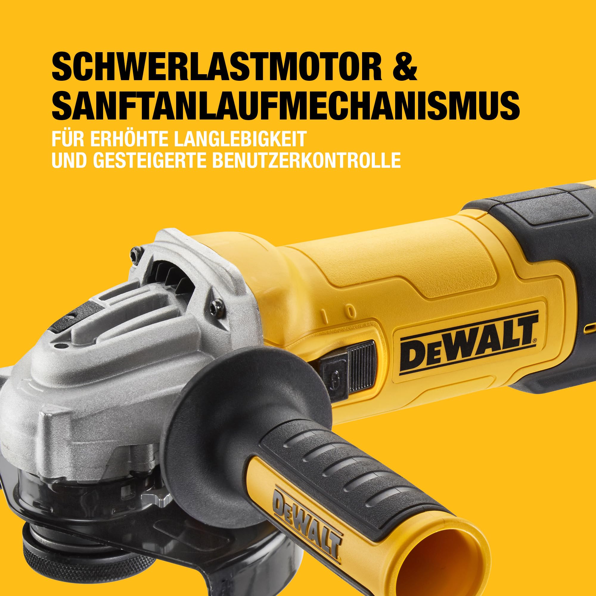 DEWALT 125 mm Winkelschleifer mit Beton-Oberflächenset DWE4257KT-QS (1.500 Watt, Epoxyd-Harz gepanzerte Wicklung, Sanftanlauf, mit 125mm Staubhaube, Bügelgriff und Diamant-Topfscheibe), DWE4257KT-QS