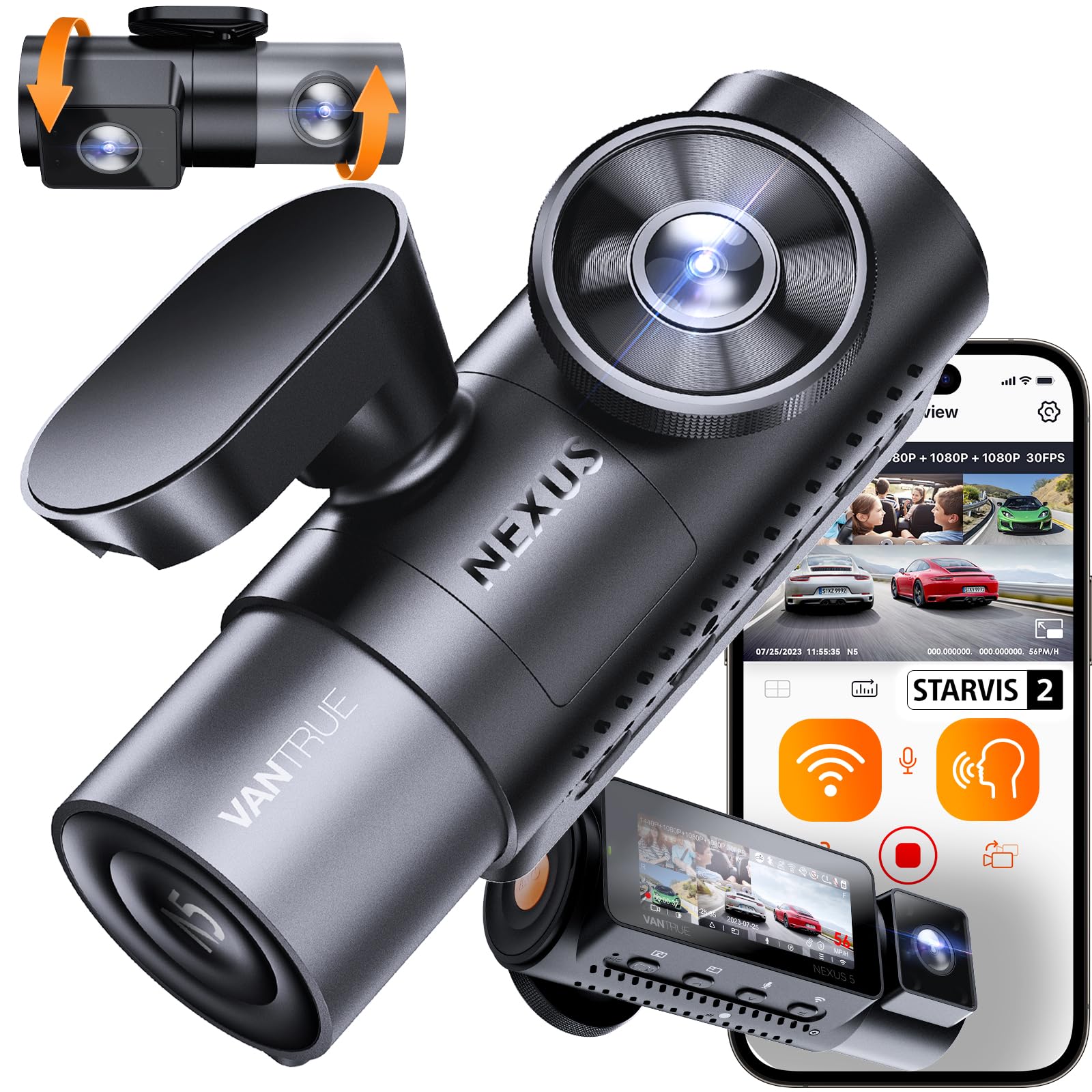 VANTRUE N5 4 Kanal 2.7K STARVIS 2 Dashcam Auto 1944P+ 3 Lens 1080P Dash Cam Vorne Innen Hinten, 5.8GHz WiFi, IMX675 HDR Nachtsicht Dash Camera Auto 24H Parkmodus, Sprachbefehle, Max 1TB