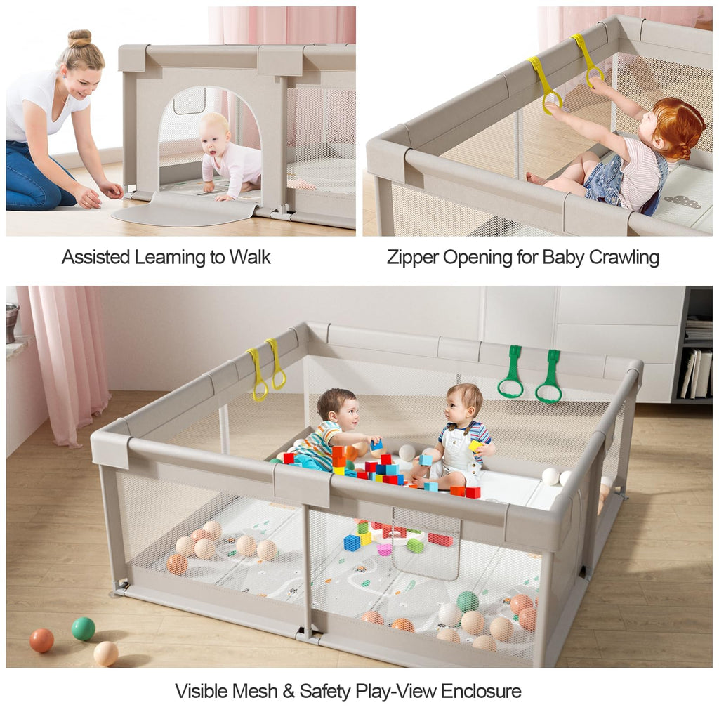 Cafolatt Baby Laufgitter mit Matte 150x150 cm, Laufstall Baby mit Matratze, Sicher und Geräumig für die Wohnung, Rutschfeste Basis, Atmungsaktives Netzdesign (150X150X64 cm)