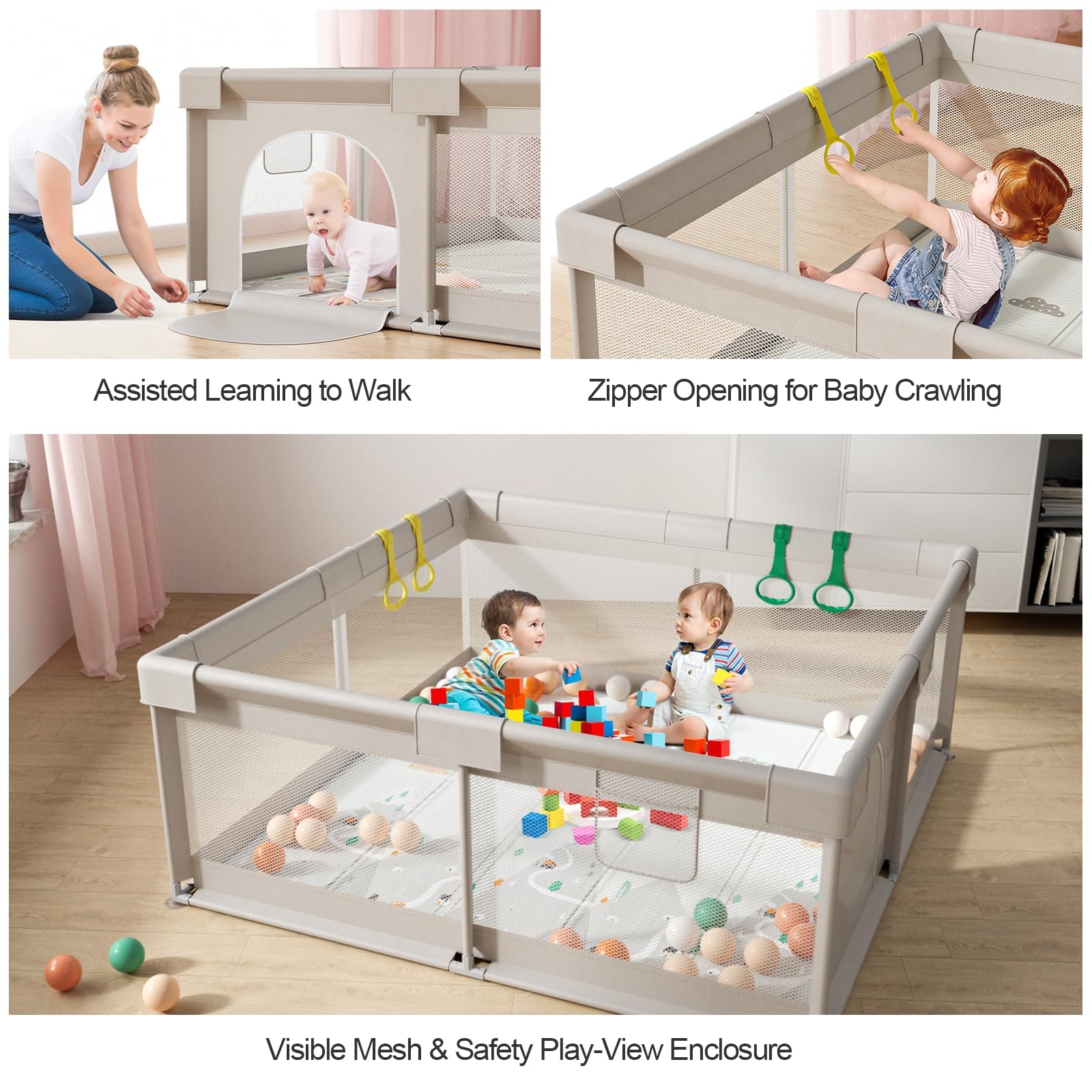 Cafolatt Baby Laufgitter mit Matte 150x150 cm, Laufstall Baby mit Matratze, Sicher und Geräumig für die Wohnung, Rutschfeste Basis, Atmungsaktives Netzdesign (150X150X64 cm)