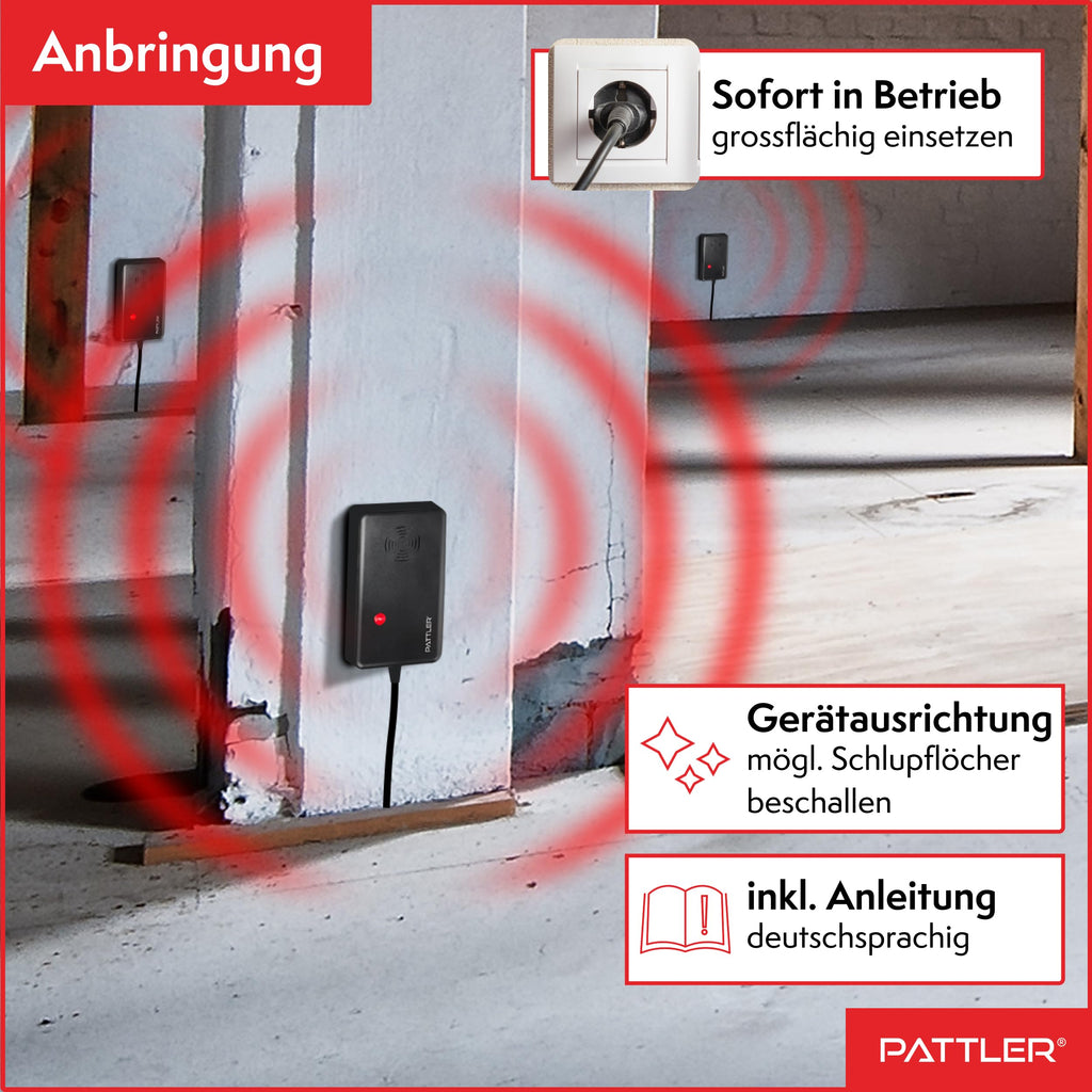 PATTLER ® Marderschreck Auto mit Stecker - für 60m². Marderschreck für Dachboden, Haus, Garten, Garage. Anschluss an Steckdose. Marderabwehr Dachboden mit Ultraschall - 1 Stück
