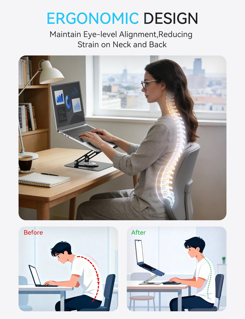 SOUNDANCE Laptopständer mit 360° drehbarer Basis, Ergonomische Computererhöhung für Schreibtisch, Einstellbare Höhe, Faltbare Laptophalterung, Stabile Unterstützung 10-15,6 Zoll Notebook, Schwarz