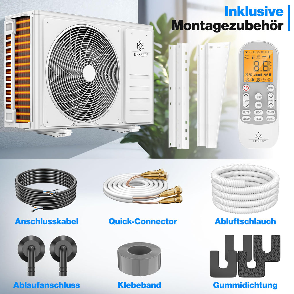 KESSER® Split Klimaanlage Set Quick Connect 12000 BTU 3,4 kW – WiFi & App Klimagerät mit Heizfunktion & Kühlmodus Wandklimaanlage, mit Kupferleitung Kältemittel R32 Inkl. Montagematerial