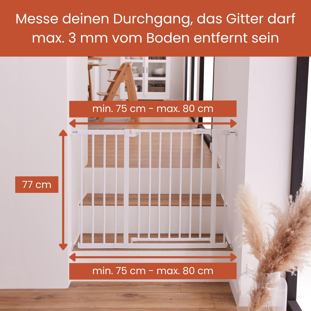 hauck Open N Stop 2, Weiß - Kinderschutzgitter Hundegitter, Verstellbare Breite 75-80 cm, 77 cm Hoch, Beidseitige Einhand Öffnung, ohne Bohren, für Innen