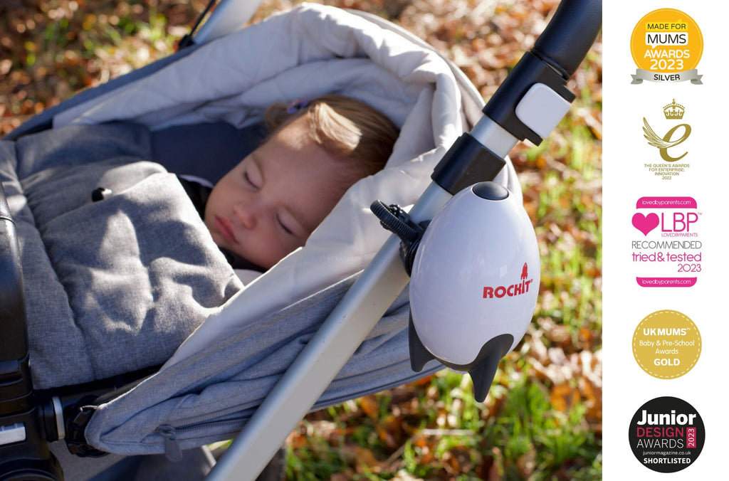 ROCKIT Kinderwagenschaukler -Das Original- Einschlafhilfe Baby wiederaufladbar (USB), stufenlos einstellbar & ultraleise mit 60-Min Timer -inkl. Halterung, Rocker Rakete schaukelt Kinderwagen & Buggy