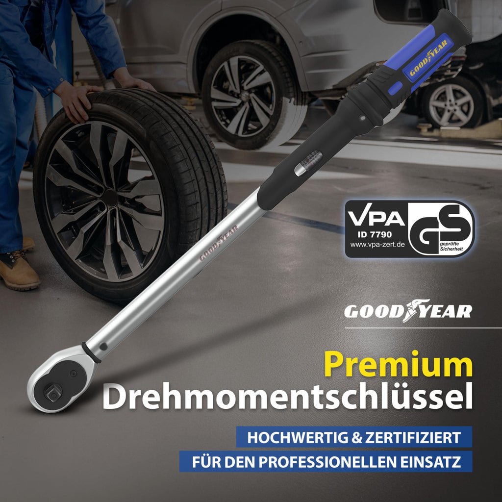 Goodyear Premium Drehmomentschlüssel, Einstellbar von 42 bis 210 Nm, Antrieb 1/2" Vierkant, inkl. Verlängerung und Stecknüsse 17 mm und 19 mm, Blau, Schwarz, Silber