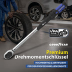 Goodyear Premium Drehmomentschlüssel, Einstellbar von 42 bis 210 Nm, Antrieb 1/2" Vierkant, inkl. Verlängerung und Stecknüsse 17 mm und 19 mm, Blau, Schwarz, Silber