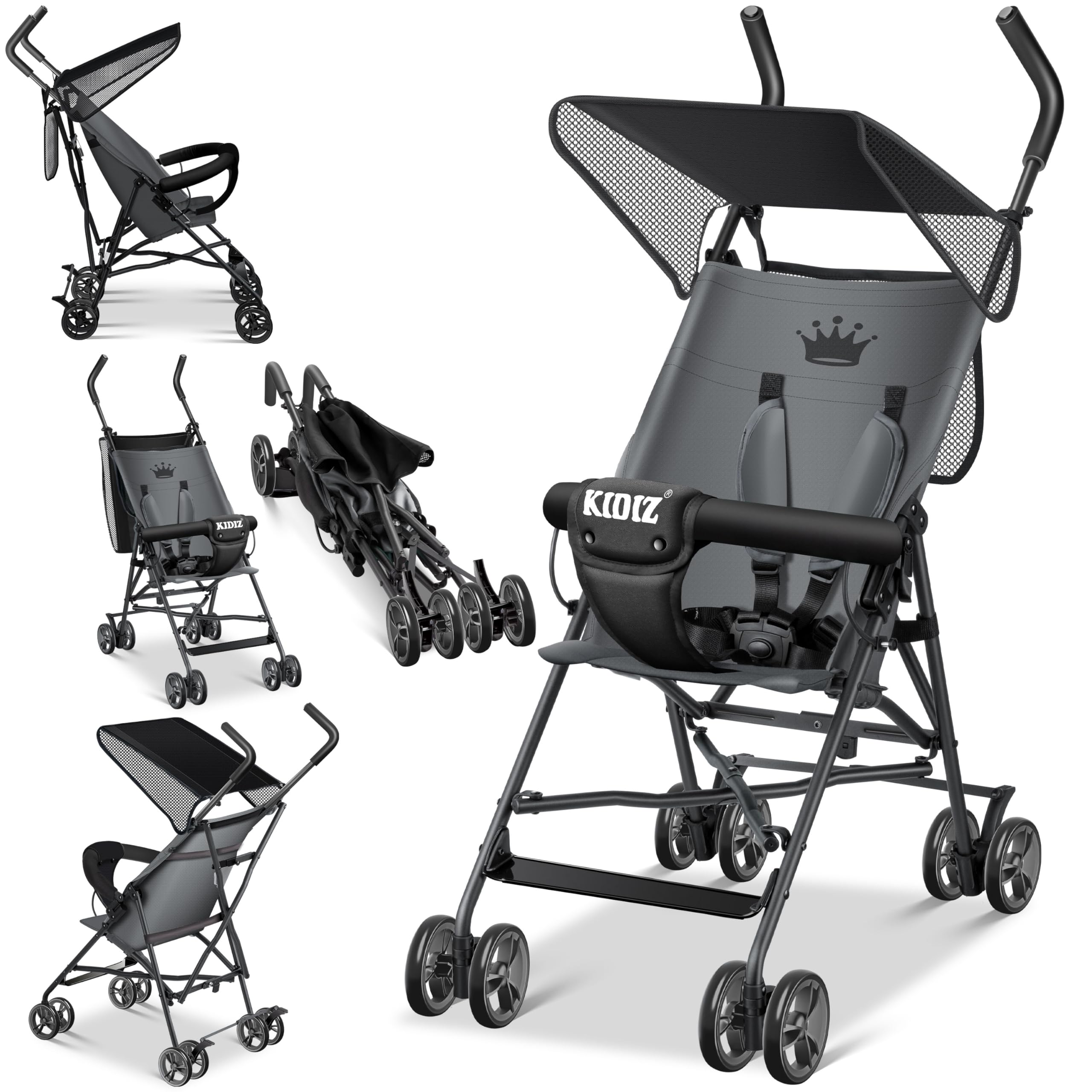 KIDIZ® Kinderwagen CITY Buggy Kinderbuggy klappbar Sportwagen Faltbar 360° 4-Zoll-Räder Inkl. Sonnen- und Regenverdeck zusammenklappbar 5-Punkt-Sicherheitsgurt ab 6 Monate, Anthrazit