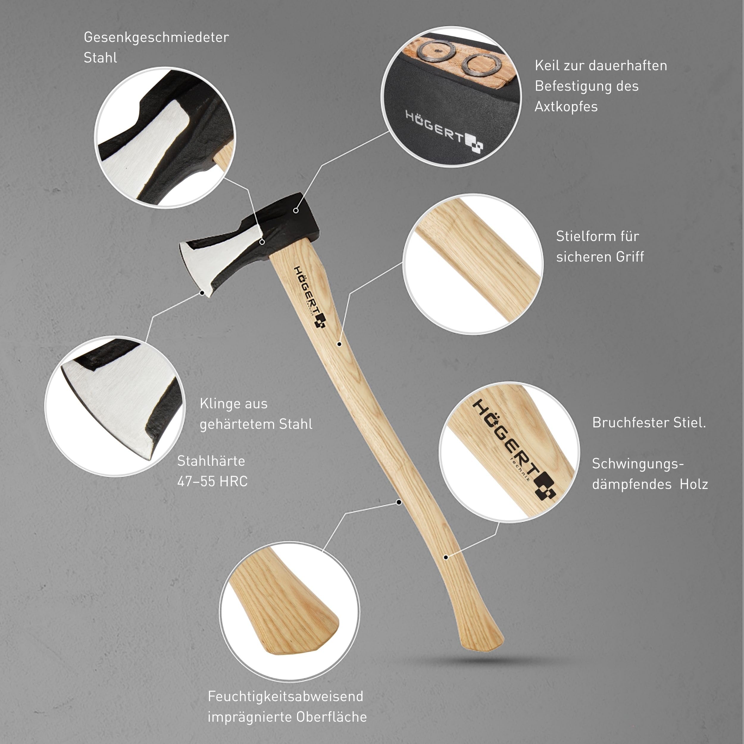 HÖGERT TECHNIK Spaltaxt 2000g, Hickory-Holzgriff, gehärteter Stahl, 47-55 HRC, UV-Beschichtung, Keilbefestigung, extra Stabilität, ideal zum Spalten von Baumstämmen und Holz