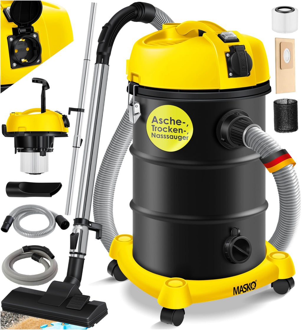 MASKO® 6IN1 Industriestaubsauger Staubsauger Nass Trocken Sauge Aschesauger 2300W + Steckdose✓ Blasfunktion ✓ Trocken-Saugen & Nass-Saugen | Industrie-Sauger mit & ohne Beutel | beutellos, Gelb