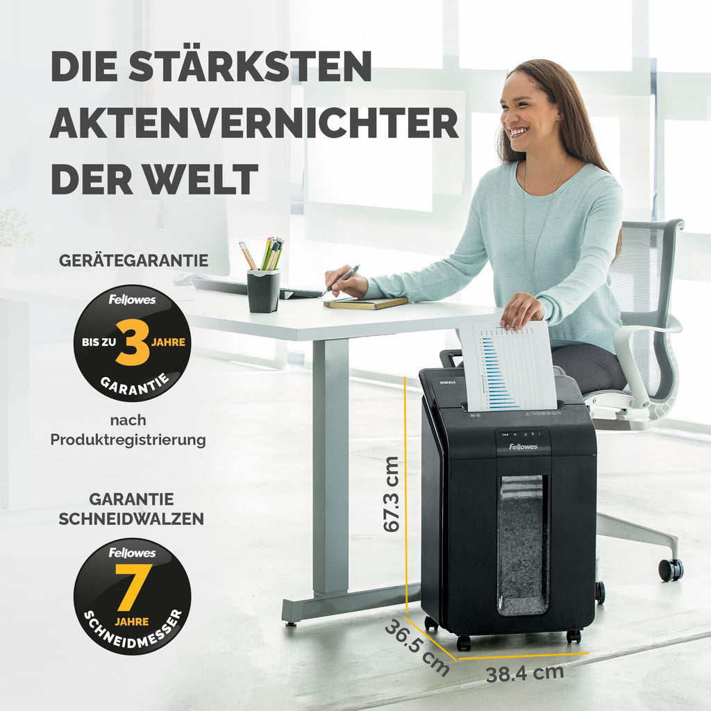 Fellowes Aktenvernichter Autofeed, 100 Blatt Minicut (P4), Papierschredder Hybrid mit automatischem und manuellem Einzug für Büro, AutoMax 100M Schredder, sehr leiser Aktenvernichter, 23L Papierkorb