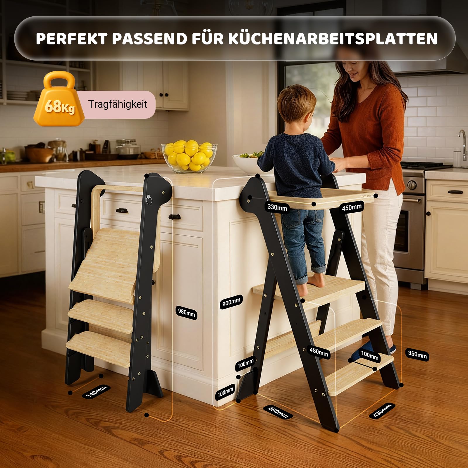 COSYLAND Lernturm ab 1 Jahr klappbar – iF Design Award Gewinner, höhenverstellbarer Lernturm mit Sicherheitsnetz, Montessori Learning Tower/Lernstuhl für Kinder, Foldi (Schwarz & Natur)