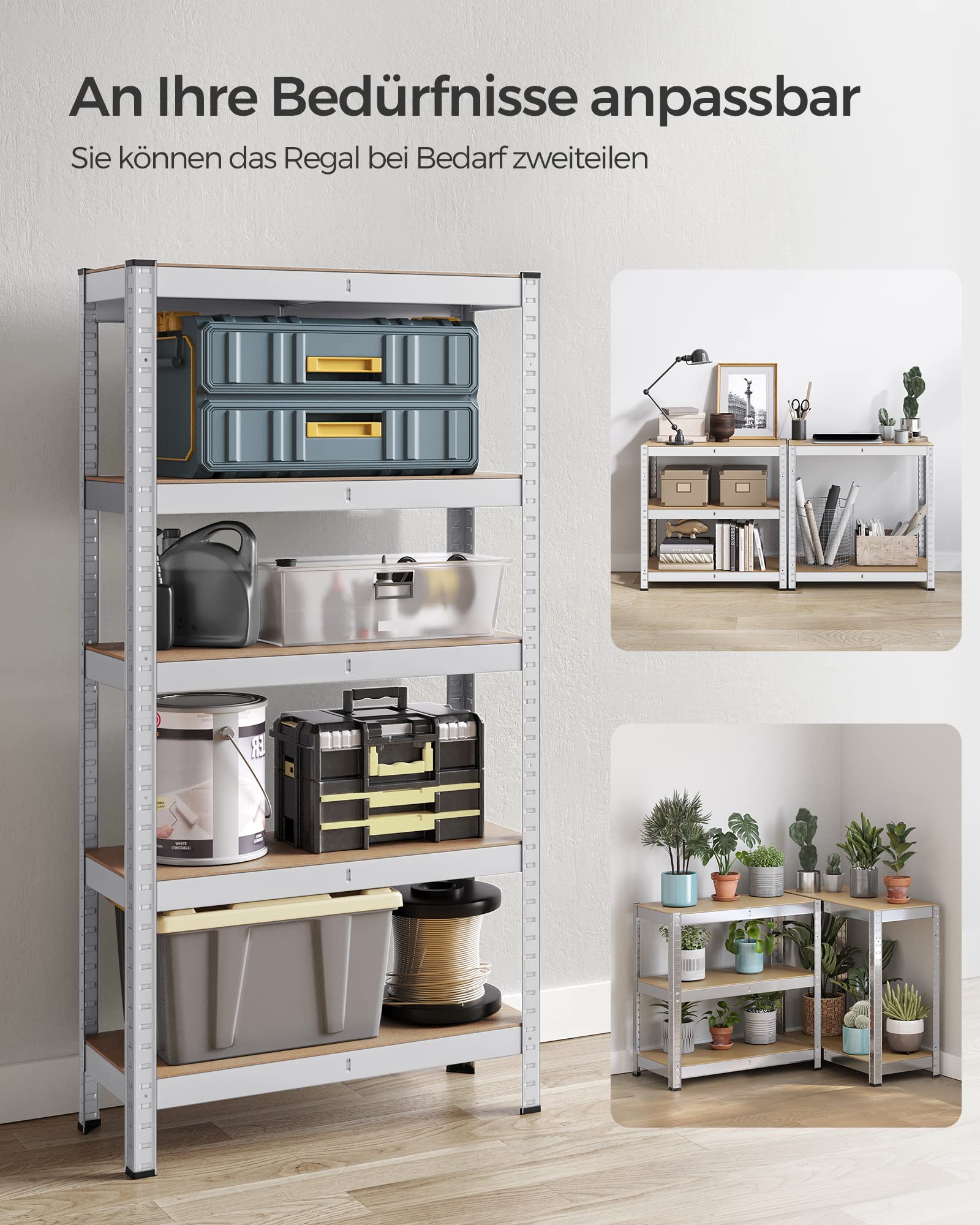 SONGMICS Schwerlastregal, 2er Set, Kellerregal, Lagerregal, 30 x 75 x 150 cm, Regal mit Stahlgestell, bis 650 kg belastbar, 5 verstellbare Ablagen, silbern GLR030E02